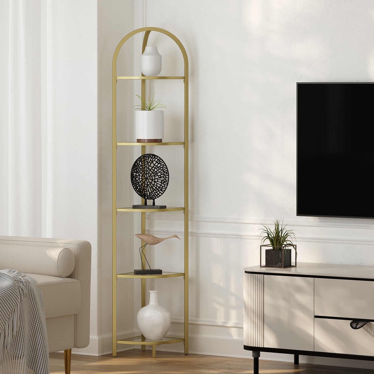 Corner Shelf - VERRA 5 Tier Stand Bookshelf Organizer Bathroom Gold - Indigo Home