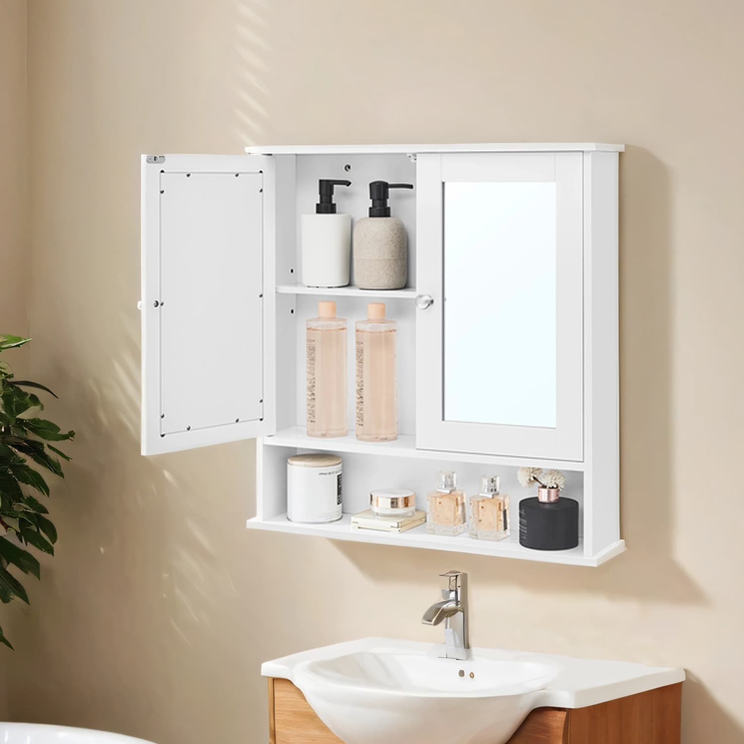 Bathroom Cabinet - VERRA Wall Cabinet with Mirror 2 Mirrored Doors and Adjustable Shelf - White - Indigo Home
