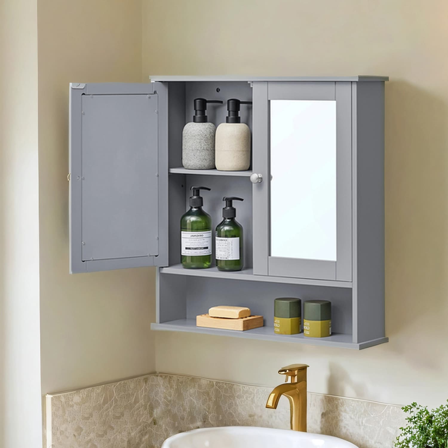 Bathroom Cabinet - VERRA Wall Cabinet with Mirror 2 Mirrored Doors Adjustable Shelf - Grey - Indigo Home