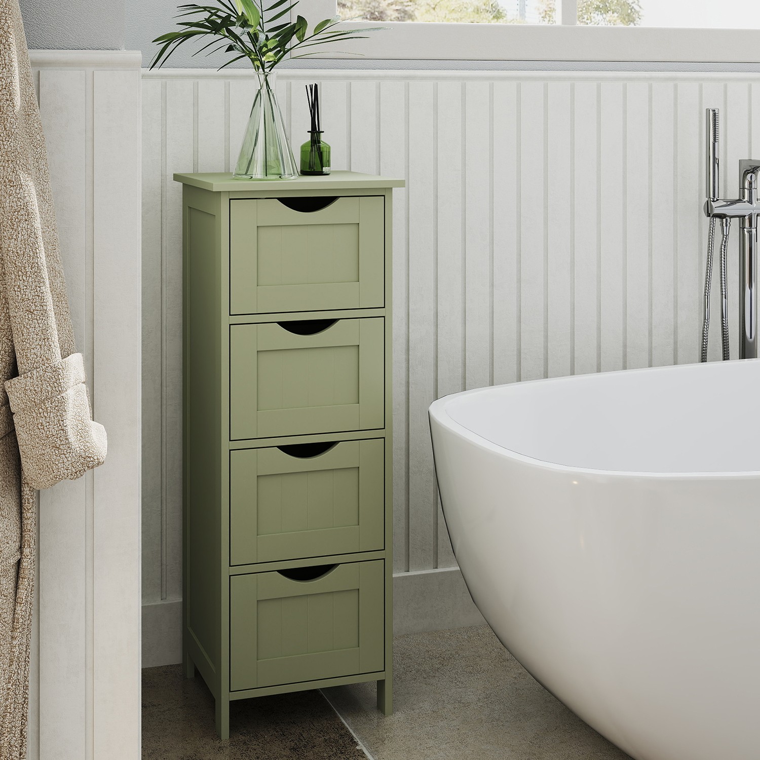 Bathroom Cabinet - VERRA Freestanding Floor Storage Unit with 4 Drawers 30 x 30 x 82 cm - Olive Green - Indigo Home