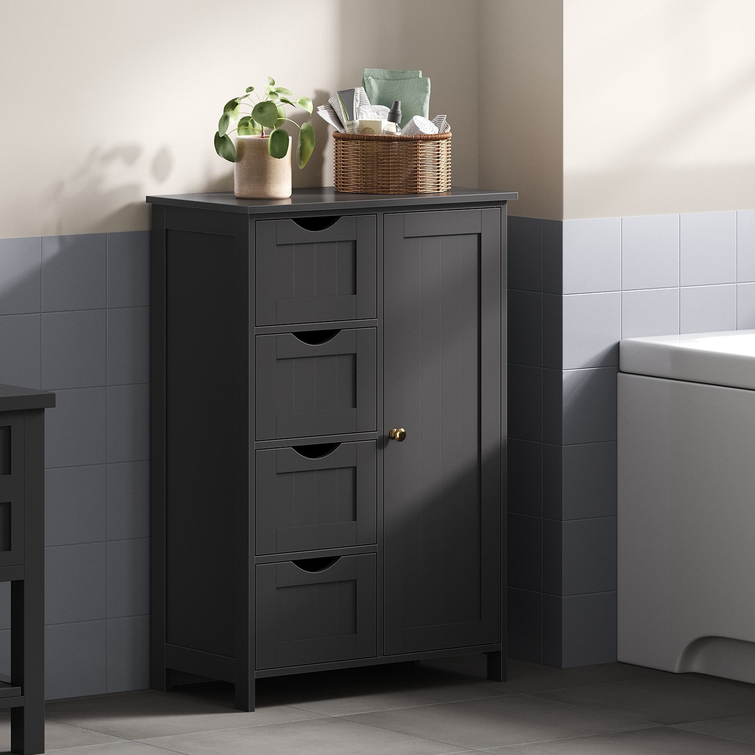 Bathroom Cabinet - VERRA Freestanding Floor Storage Unit with 4 Drawers and 1 Door - Black - Indigo Home