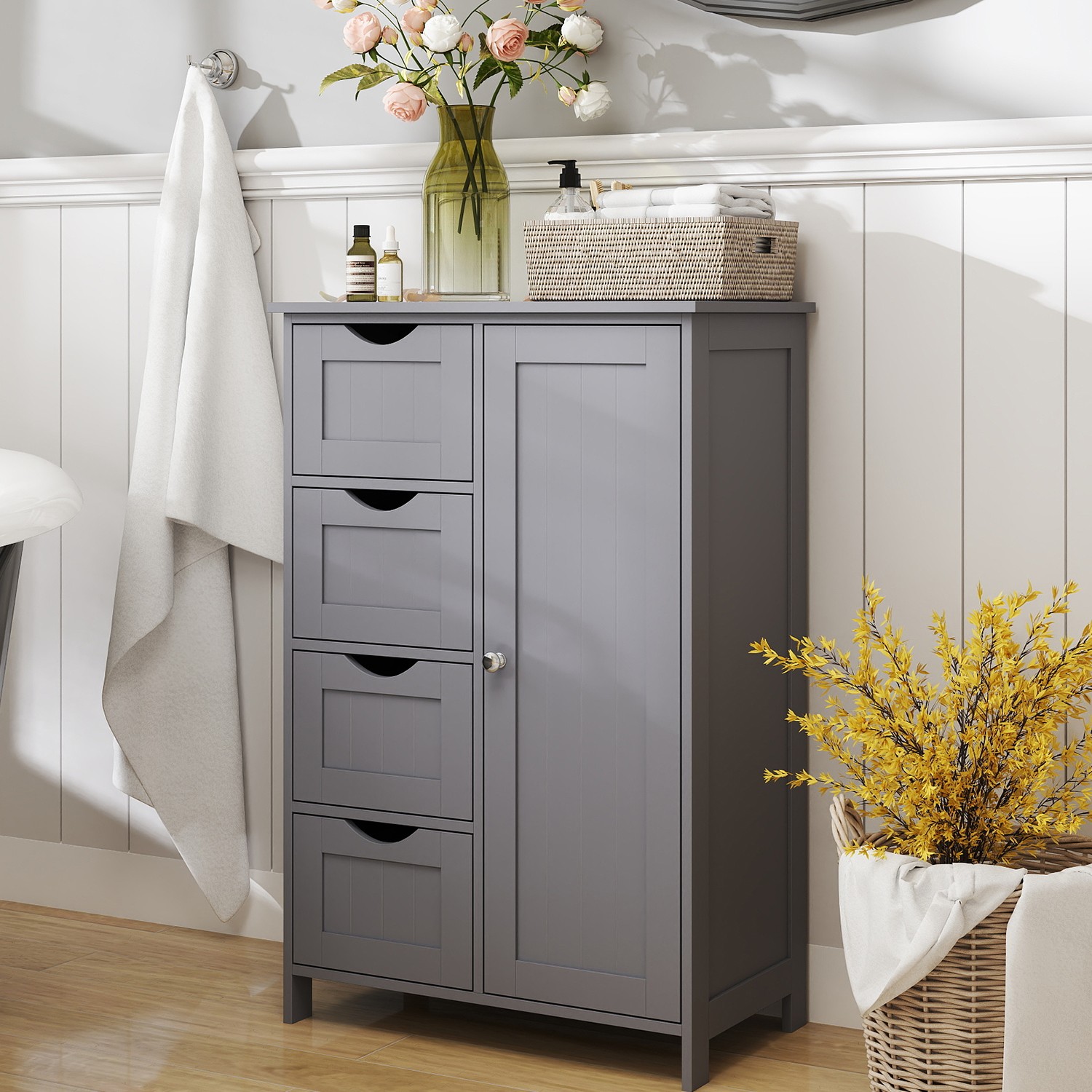 Bathroom Cabinet - VERRA Single Door Storage Unit with 4 Drawer - Dark Grey - Indigo Home