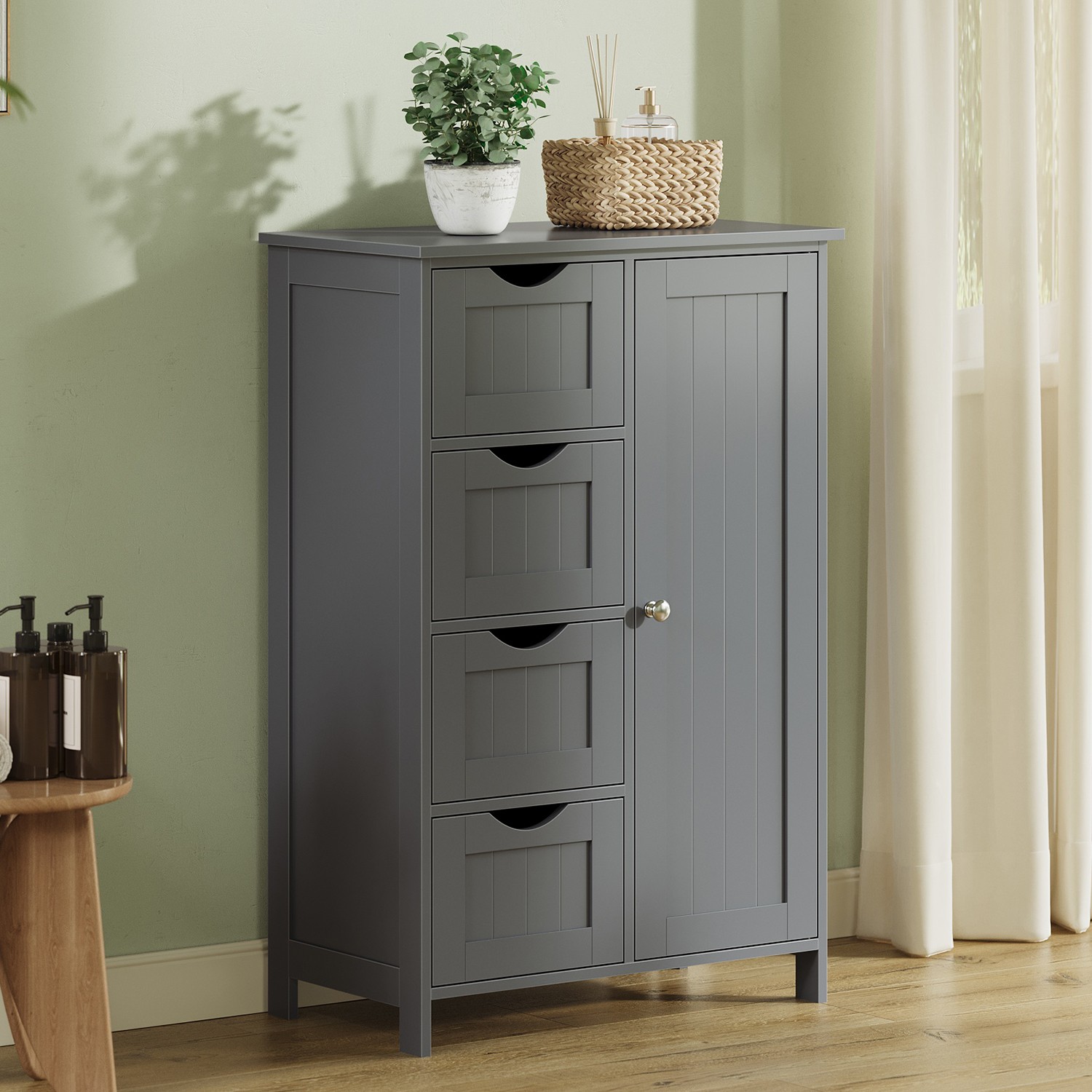 Bathroom Cabinet - VERRA Single Door Storage Unit with 4 Drawer - Dove Grey - Indigo Home