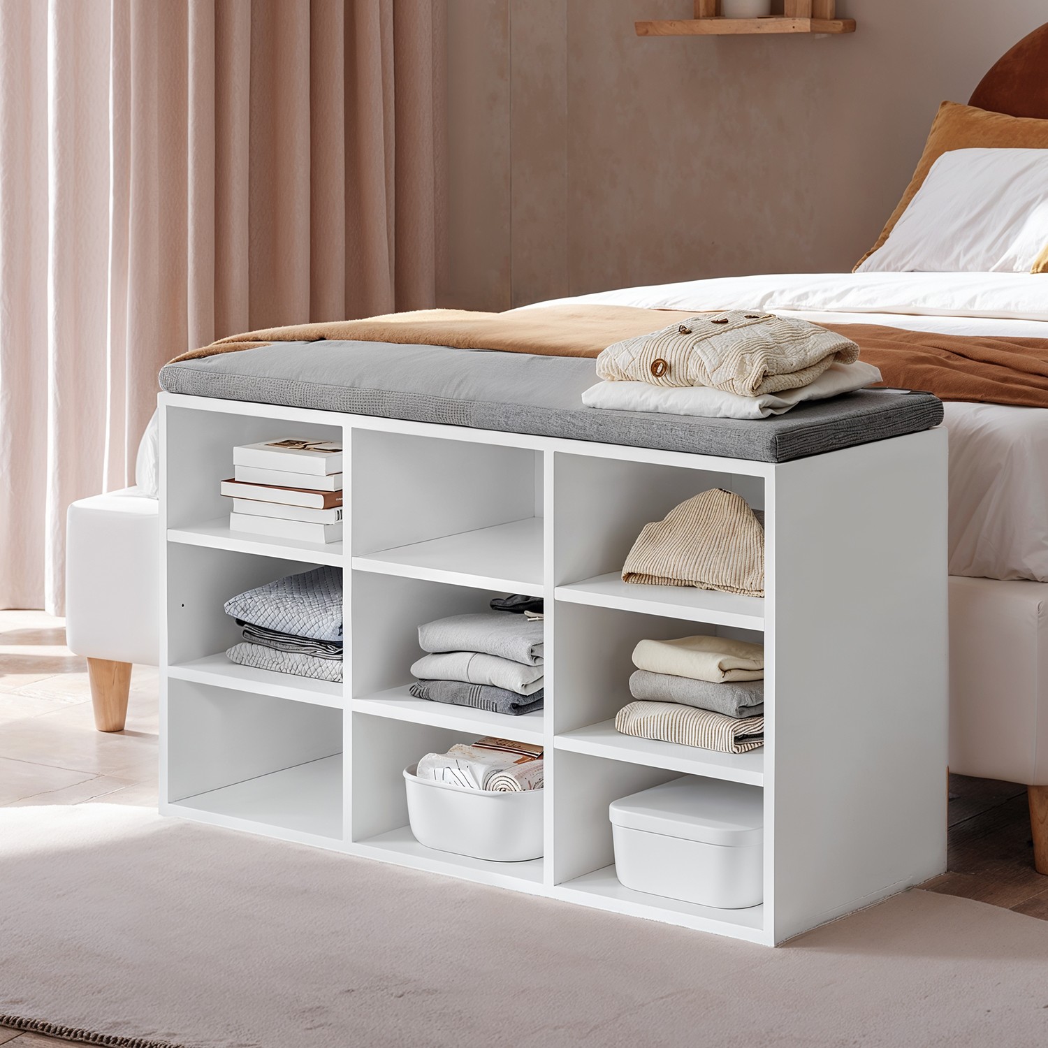 VERRA Shoe Bench - 9 Compartment Padded Seat Medium Sized Bench - White - Indigo Home