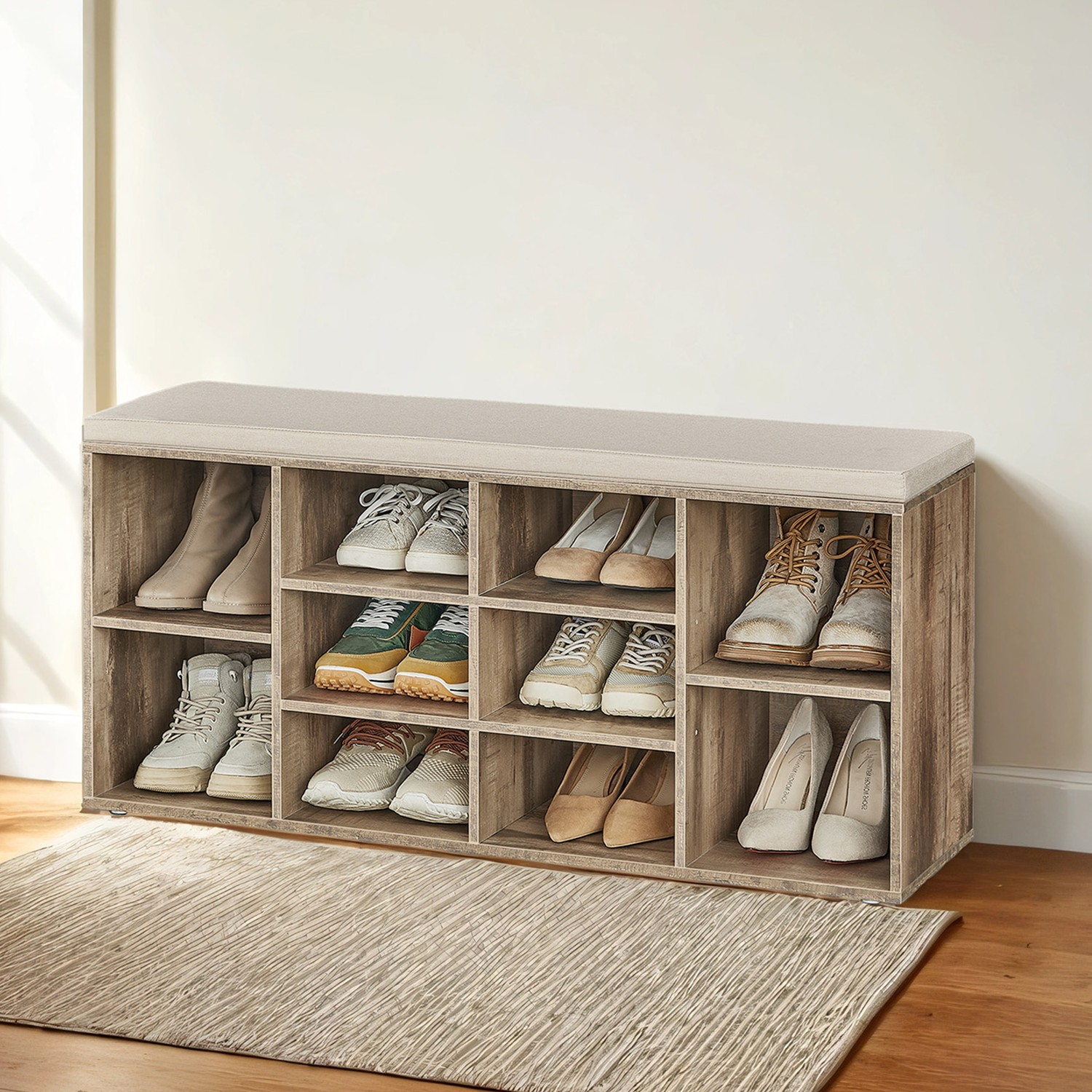 VERRA Shoe Bench - 10 Compartment Cushion Seat Medium Sized Bench - Camel Brown - Indigo Home