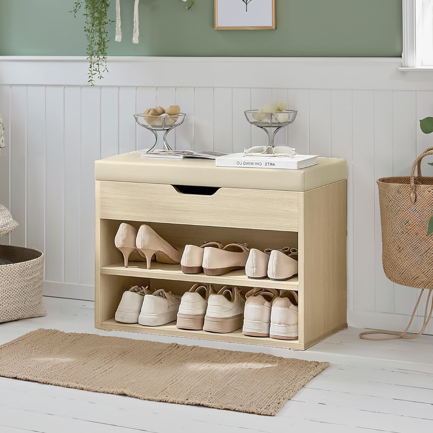 VERRA Shoe Bench - 3 Compartment Lid Storage Cushion Small Sized Bench - Natural Beige - Indigo Home