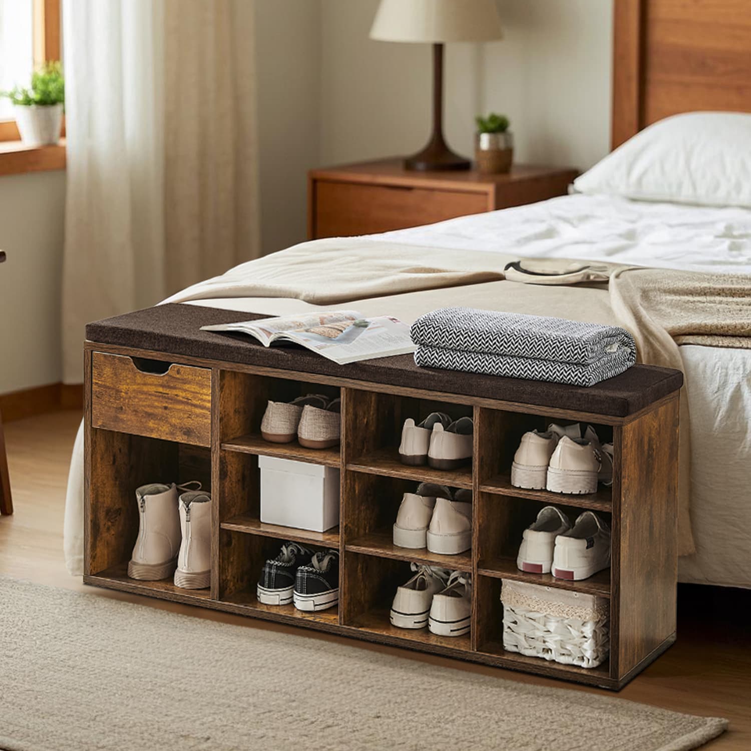 VERRA Shoe Bench - 10 Compartment Cushion Seat Medium Sized Bench - Rustic Brown - Indigo Home