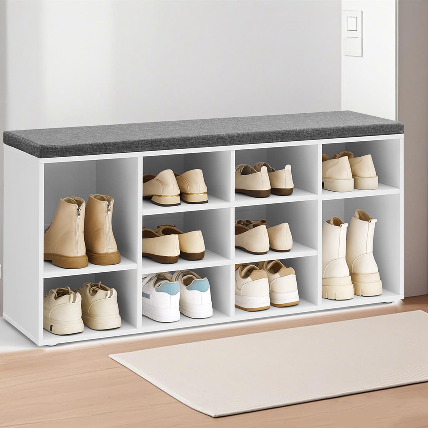 VERRA Shoe Bench - 10 Compartment Cushion Seat Medium Sized Bench - White - Indigo Home