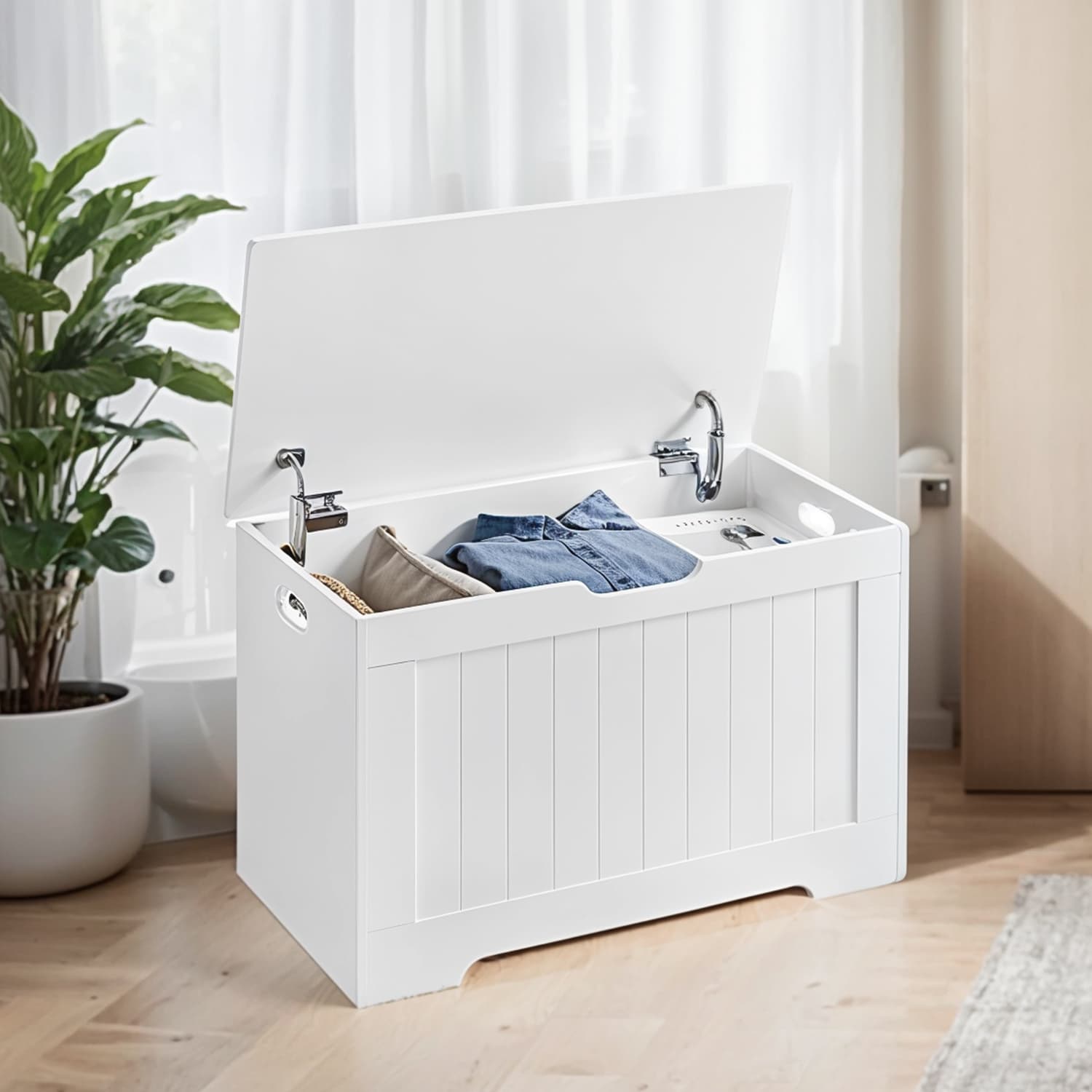 Storage Chest - VERRA Entryway Shoe Bench Faux Wood with 2 Safety Hinges - White - Indigo Home