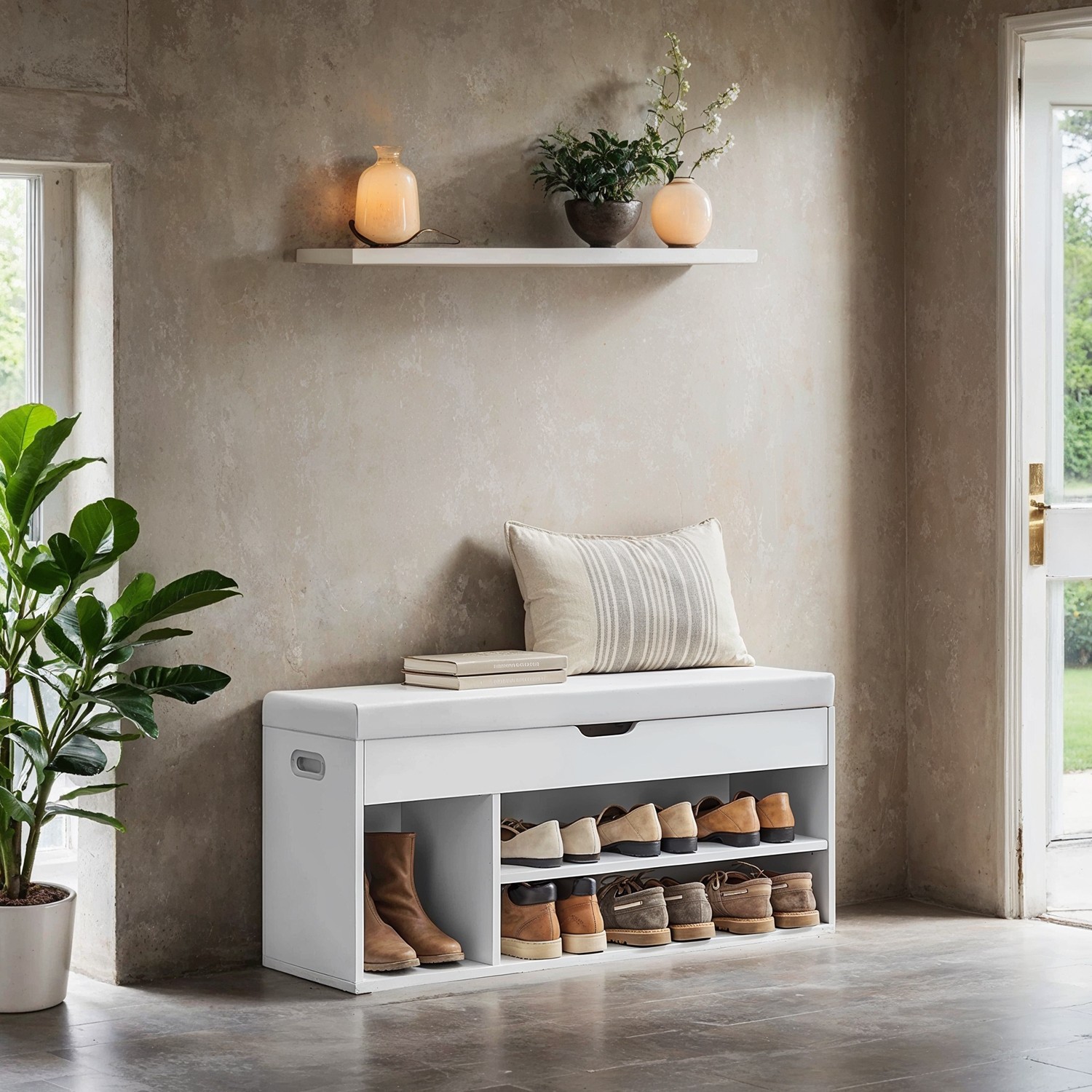 VERRA Shoe Bench - 3 Compartment Lid Storage Cushion Medium Sized Bench - White - Indigo Home