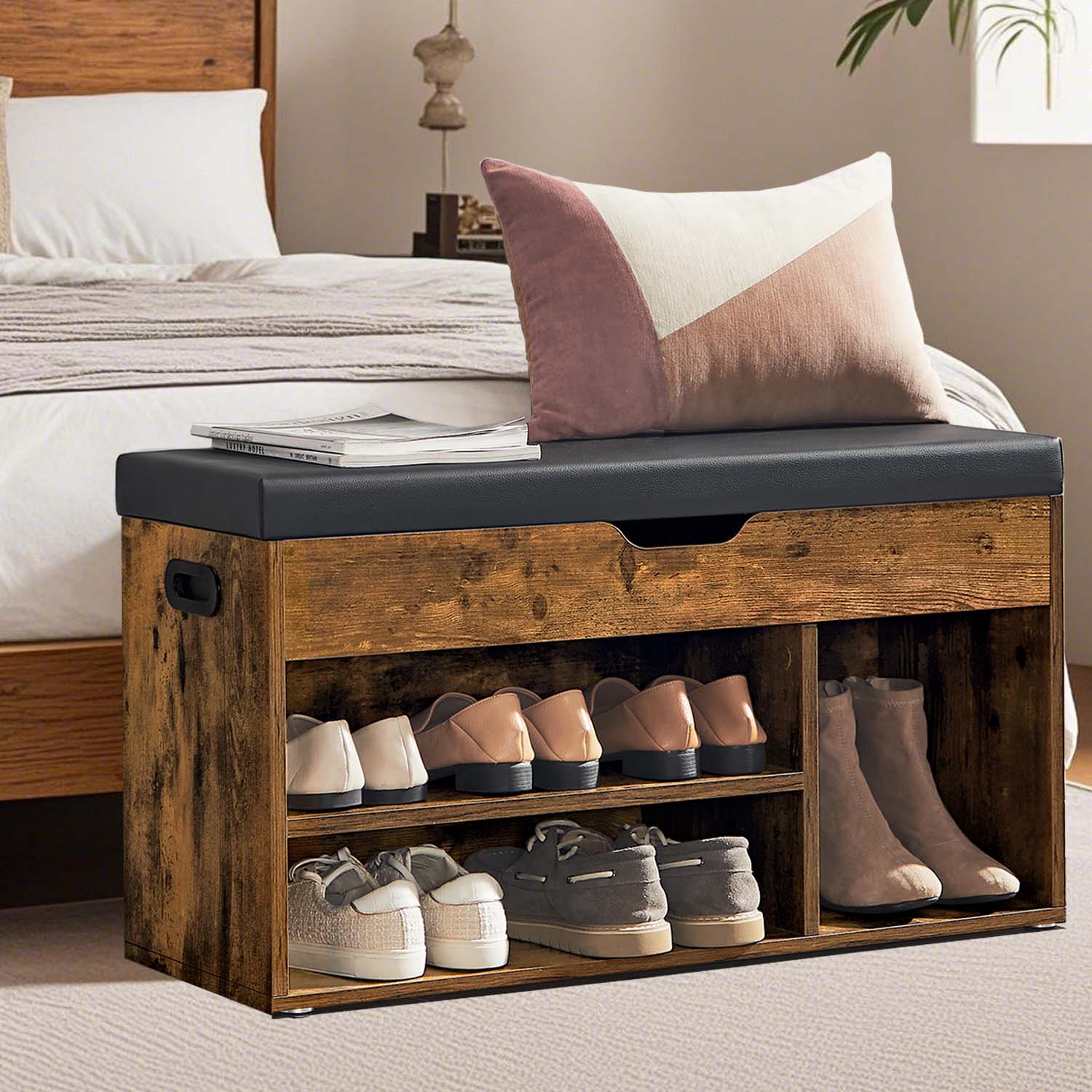 VERRA Shoe Bench - 3 Compartment Lid Storage Cushion Medium Sized Bench - Black - Indigo Home