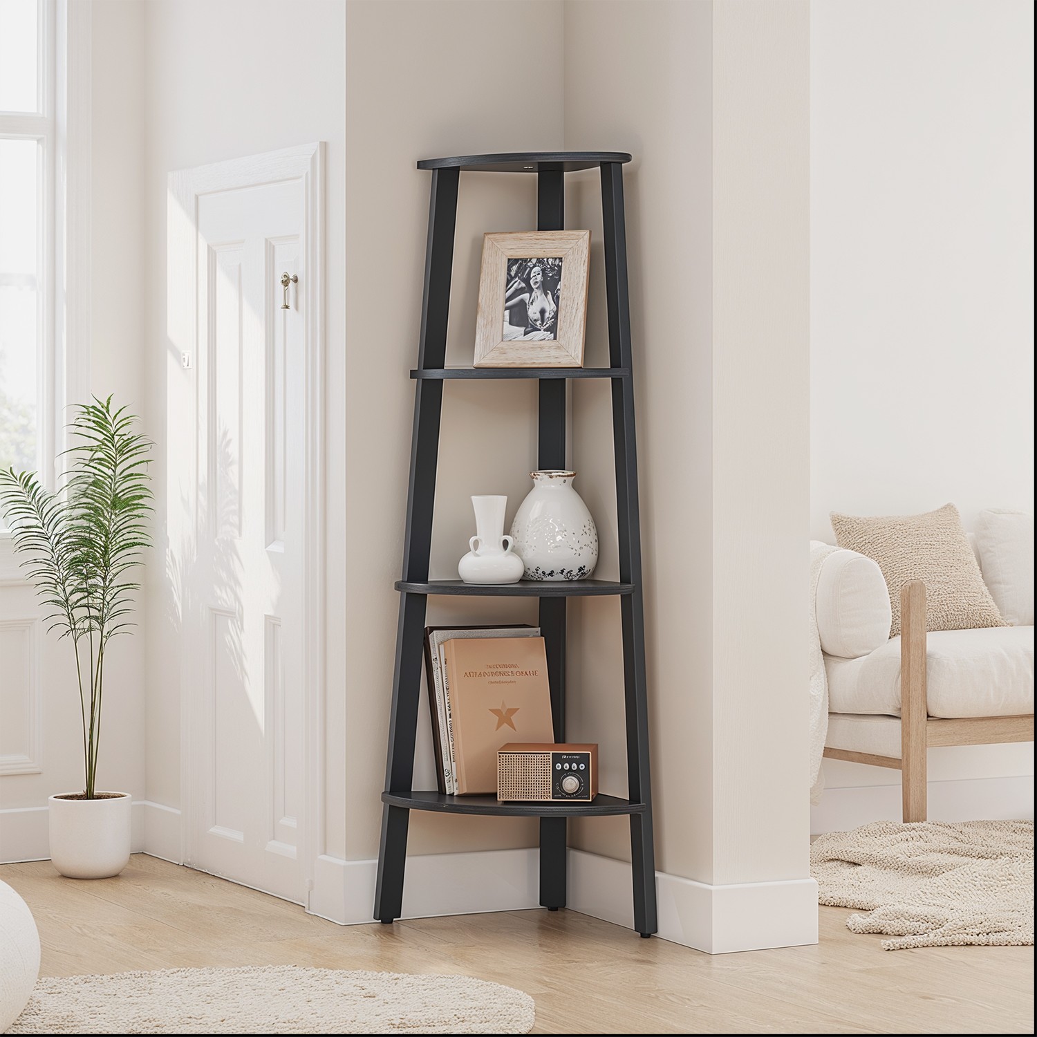 Corner Shelf - VERRA 4 Tier Bookshelf Storage Unit with Steel Frame - Charcoal Grey - Indigo Home