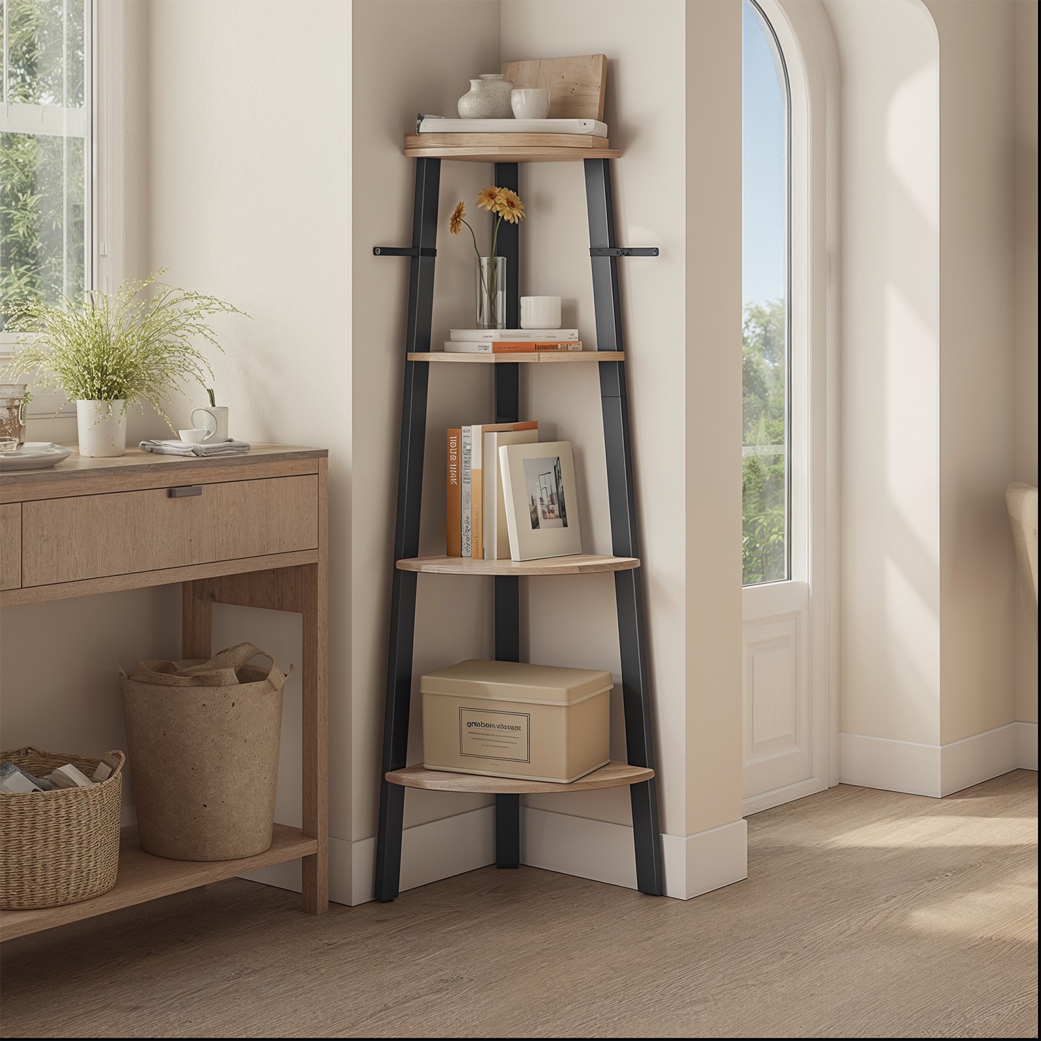 Corner Shelf - VERRA 4 Tier Bookshelf Storage Unit with Steel Frame - Black - Indigo Home