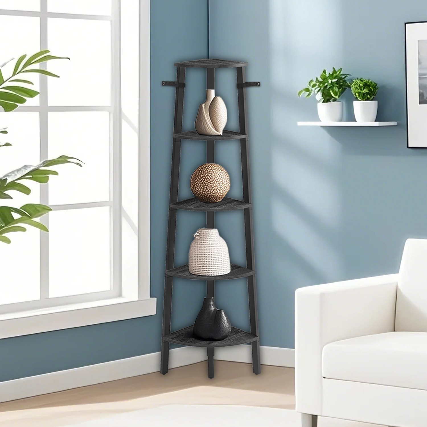 Corner Shelf - VERRA Ladder Shelf Faux Leather Adjustable Height - Charcoal Grey - Indigo Home