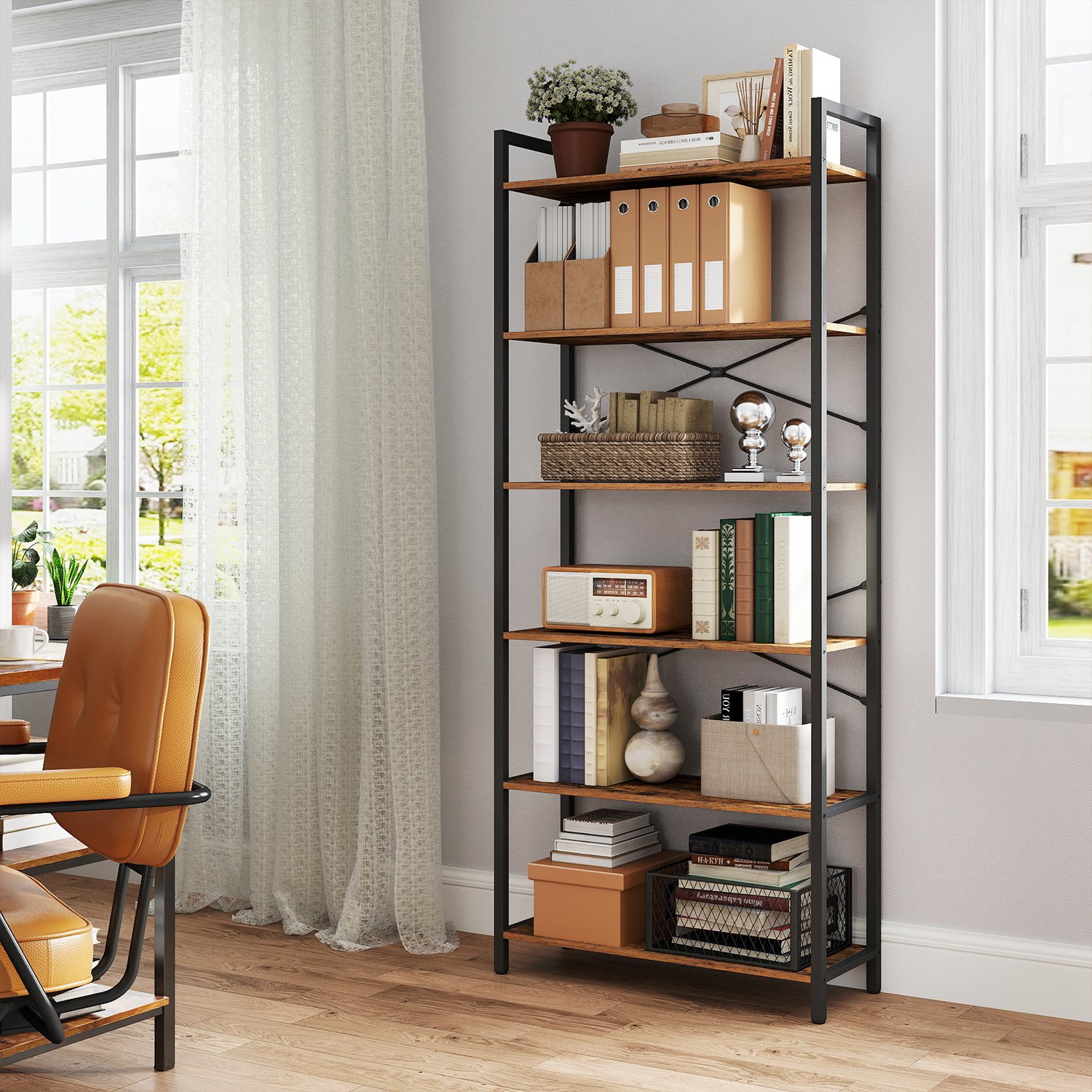 Bookshelf - VERRA 6 Tier Freestanding Bookcase - Brown - Indigo Home