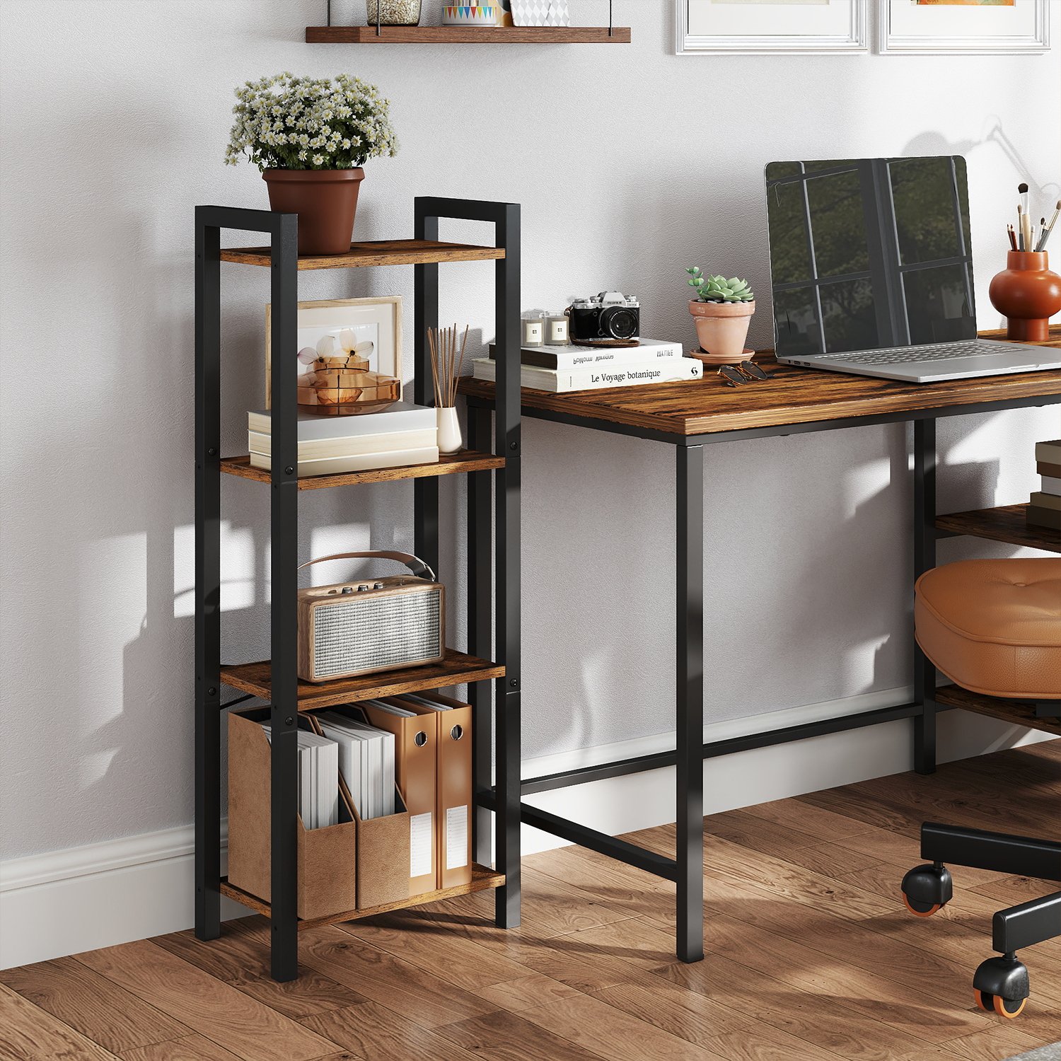 Bookshelf - VERRA 4 Tier Tall Narrow Bookcase Skinny Shelf - Black - Indigo Home