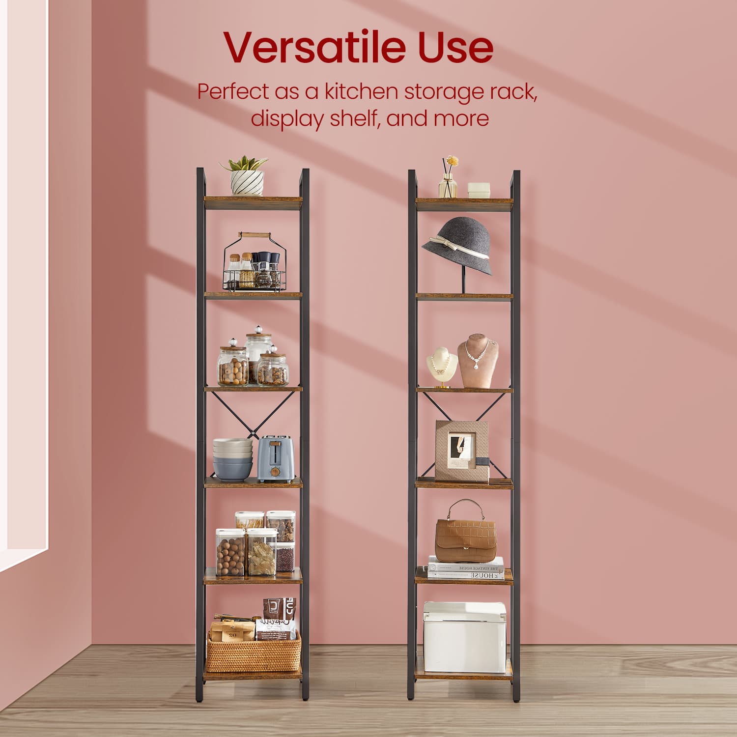 Bookshelf - VERRA 6 Tier Tall Narrow Bookcase Skinny Shelf - Brown - Indigo Home