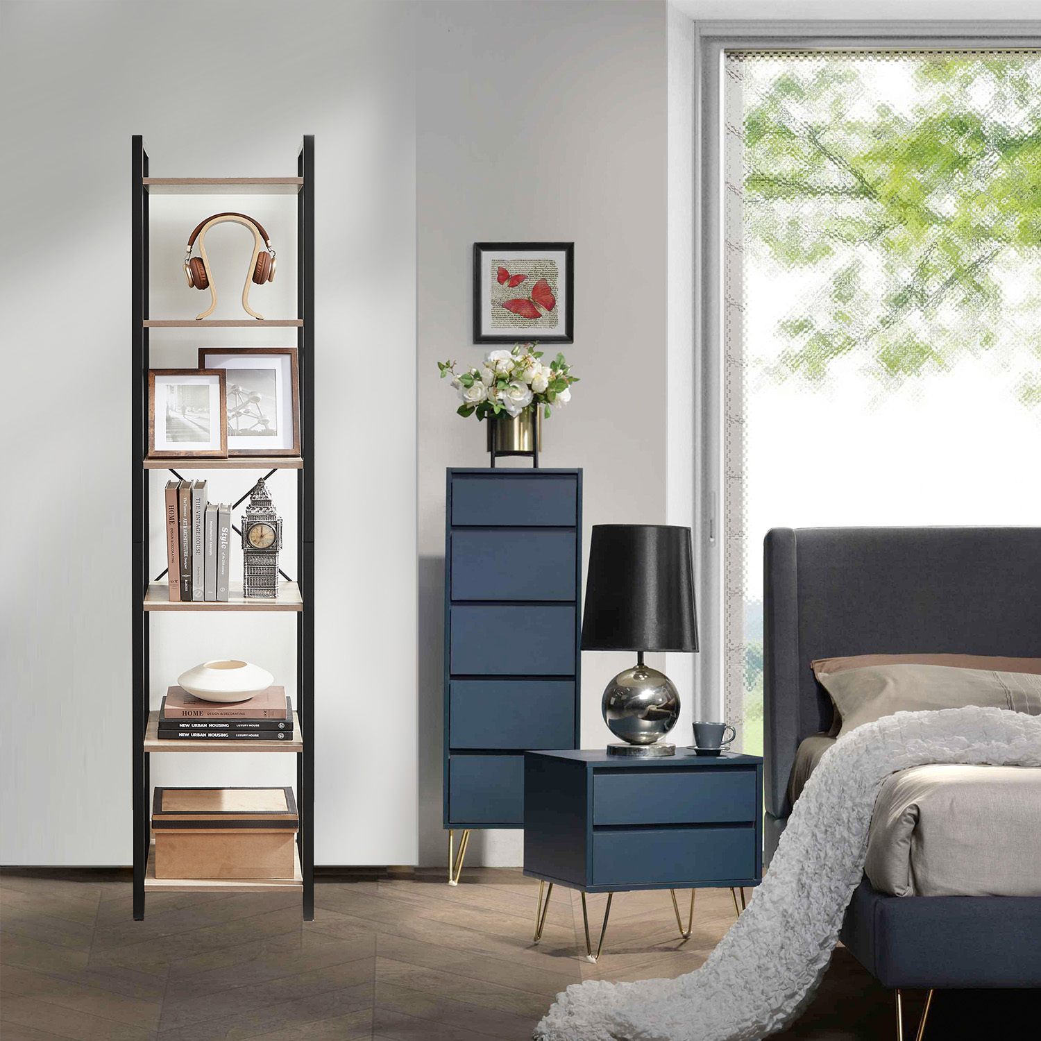Bookshelf - VERRA 6 Tier Tall Narrow Bookcase with Steel Frame Skinny Shelf - Light Wood - Indigo Home