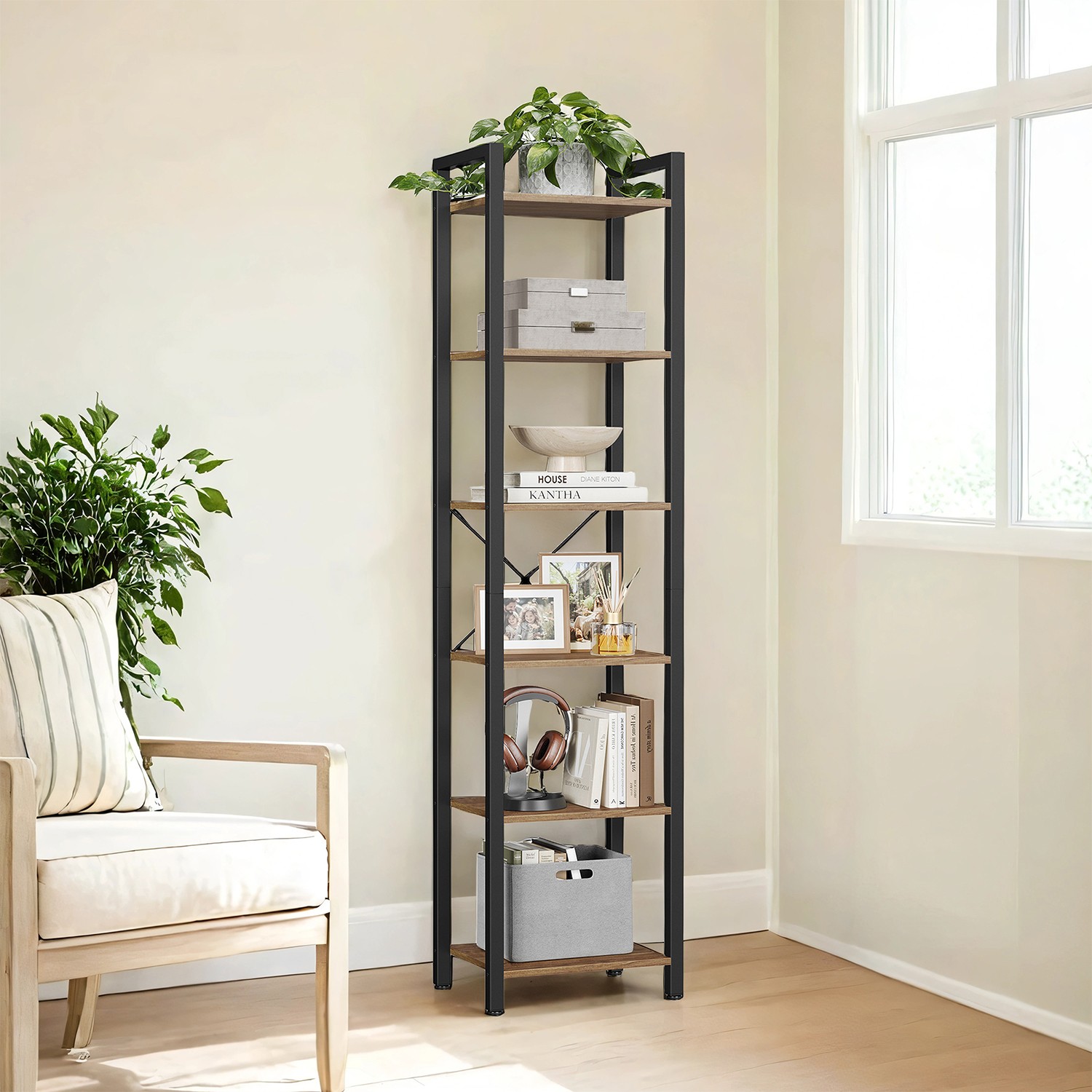 Bookshelf - VERRA 6 Tier Tall Narrow Bookcase with Steel Frame - Medium Wood - Indigo Home