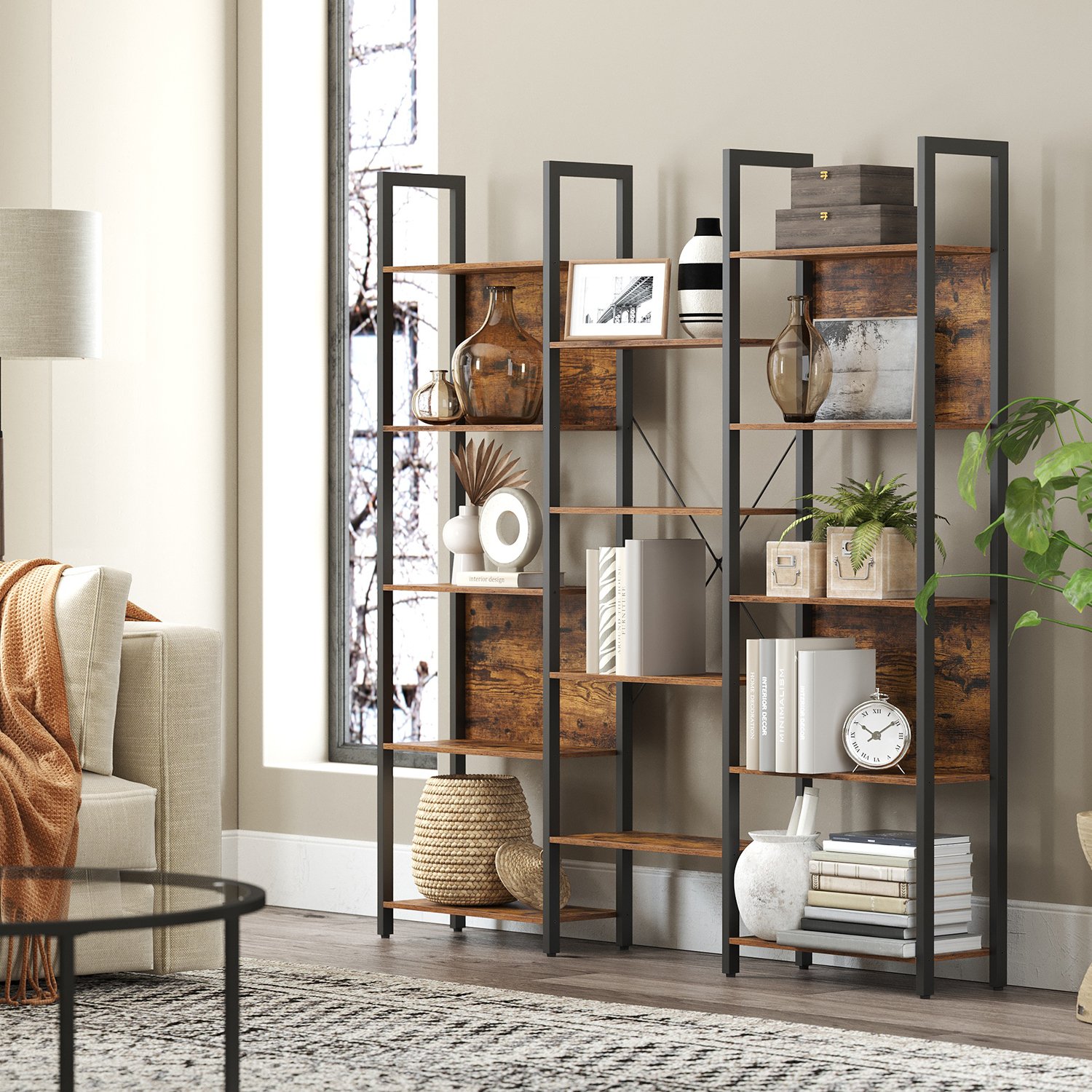 Bookcase - VERRA 5 Tier 14 Shelf Metal Frame Bookcase - Brown - Indigo Home