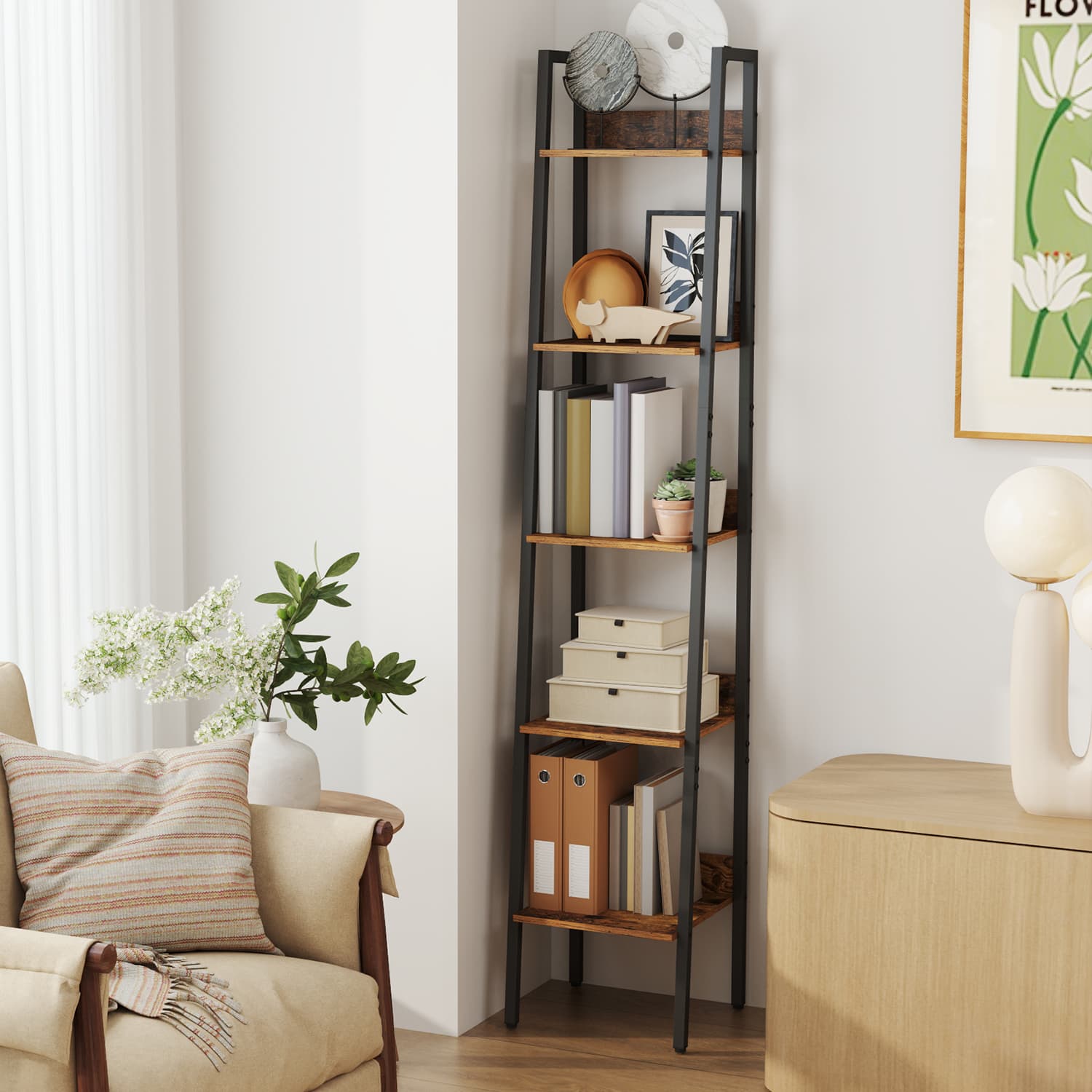 Bookshelf - VERRA 5 Tier Ladder Shelf Rustic Brown Black - Indigo Home