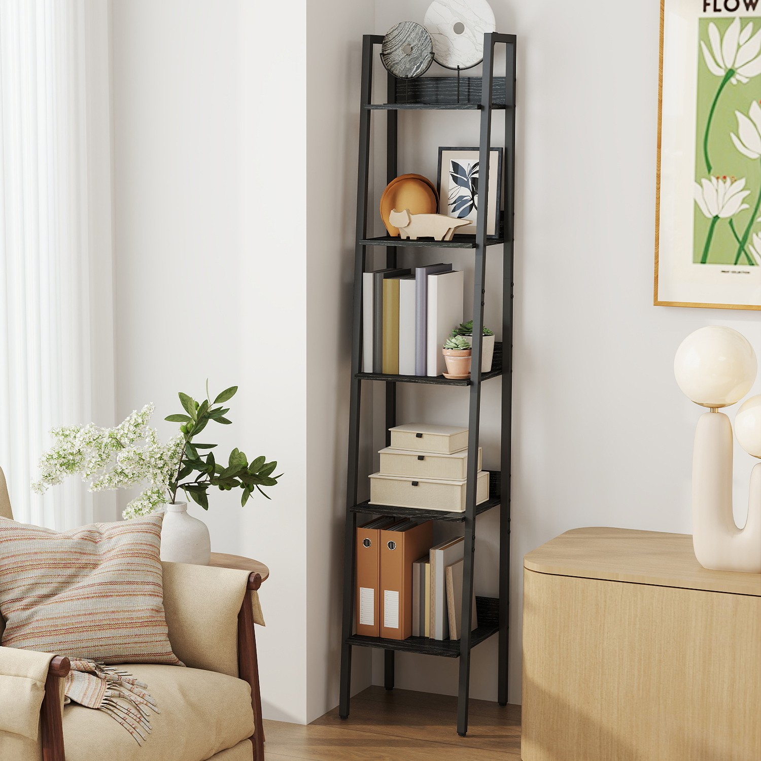 Bookshelf - VERRA 5 Tier Narrow Shelf 11.8 x 13.3 x 66.9 Inches - Black - Indigo Home