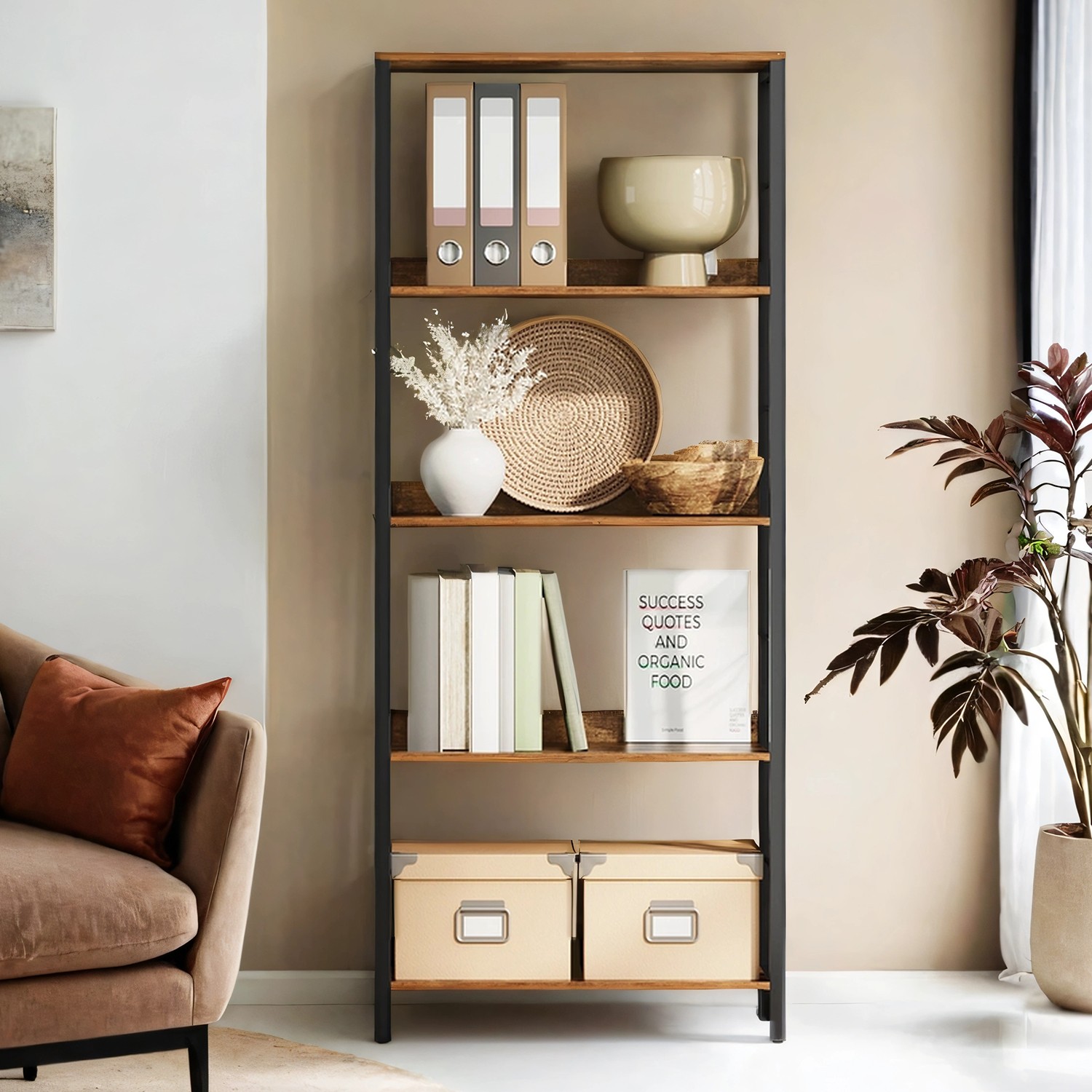 Bookcase - VERRA 5 Tier Shelving Unit with Back Panels Industrial Style - Brown - Indigo Home