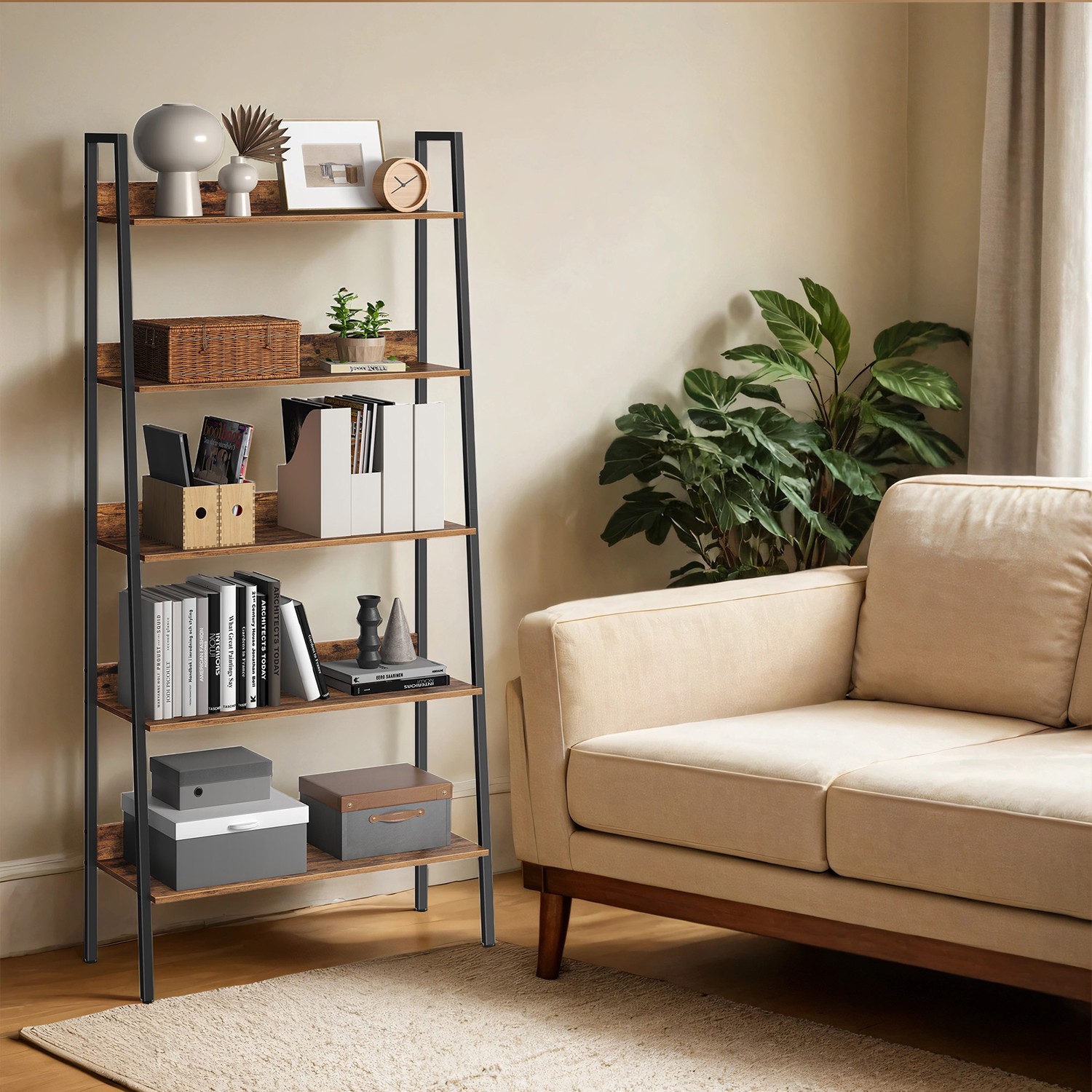 Ladder Shelf - VERRA 5 Tier Narrow Bookshelf Rustic Brown - Indigo Home