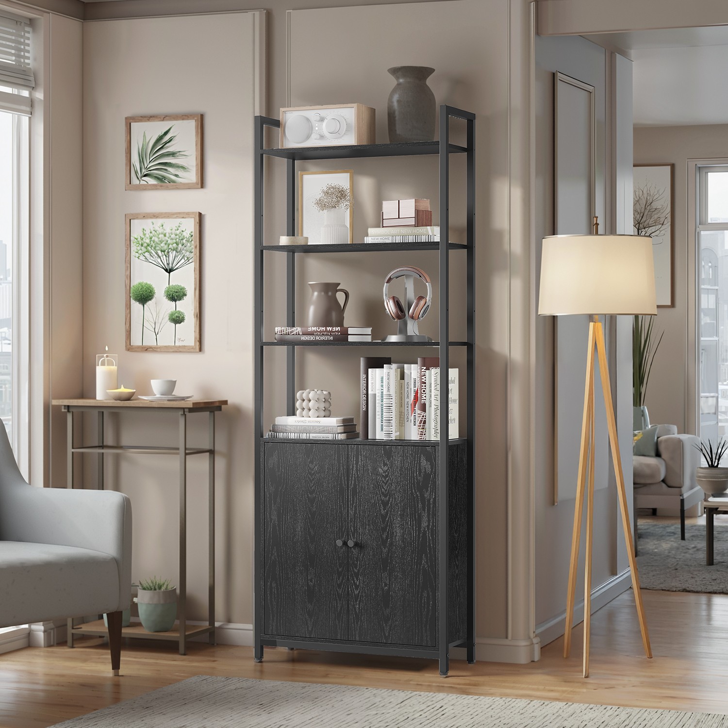 Bookshelf - VERRA Tall 6 Tier with Door Metal Frame - Black - Indigo Home