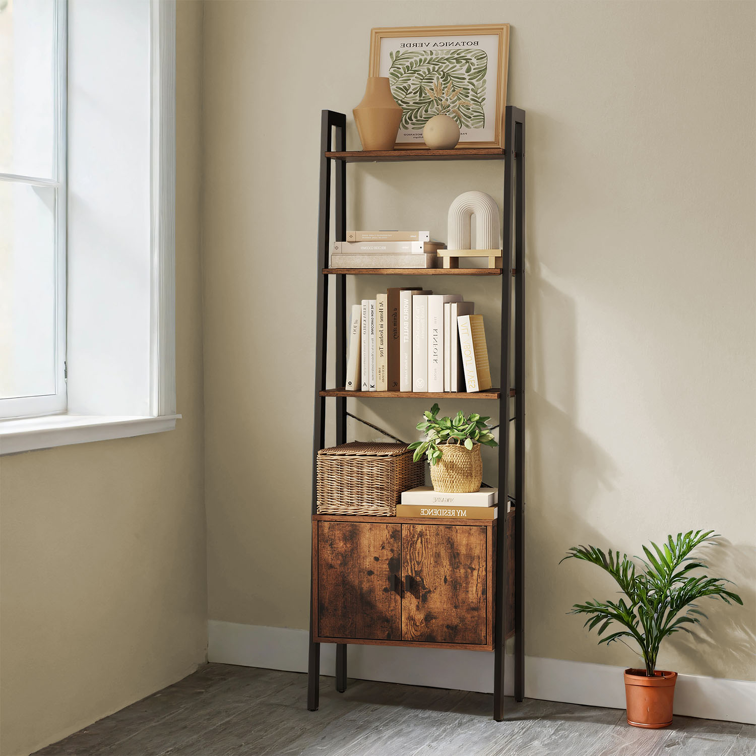 Shelf Ladder - VERRA Bookcase with Storage Cupboard - Black - Indigo Home