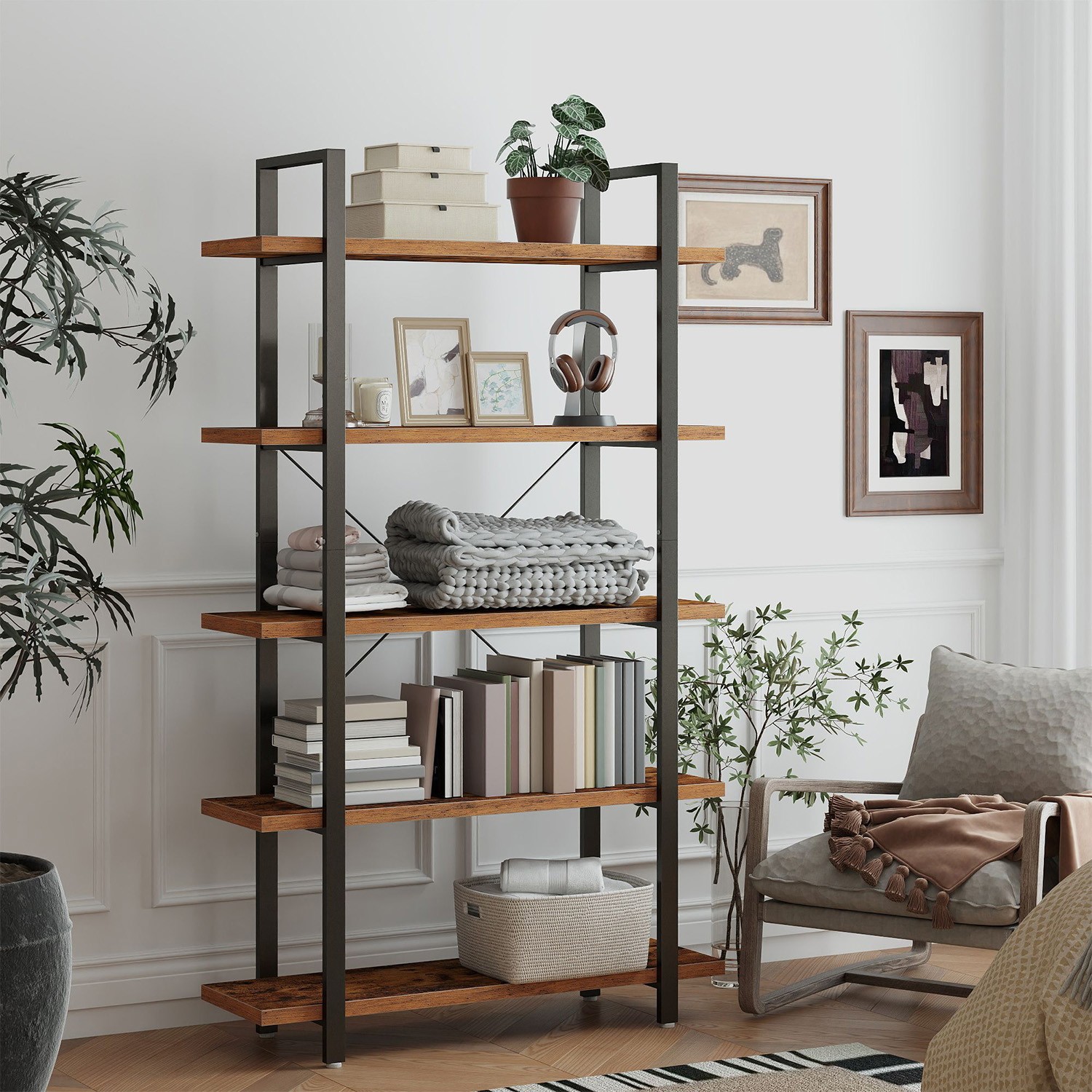 Bookshelf - VERRA 5 Tier Standing Storage Rack - Brown - Indigo Home