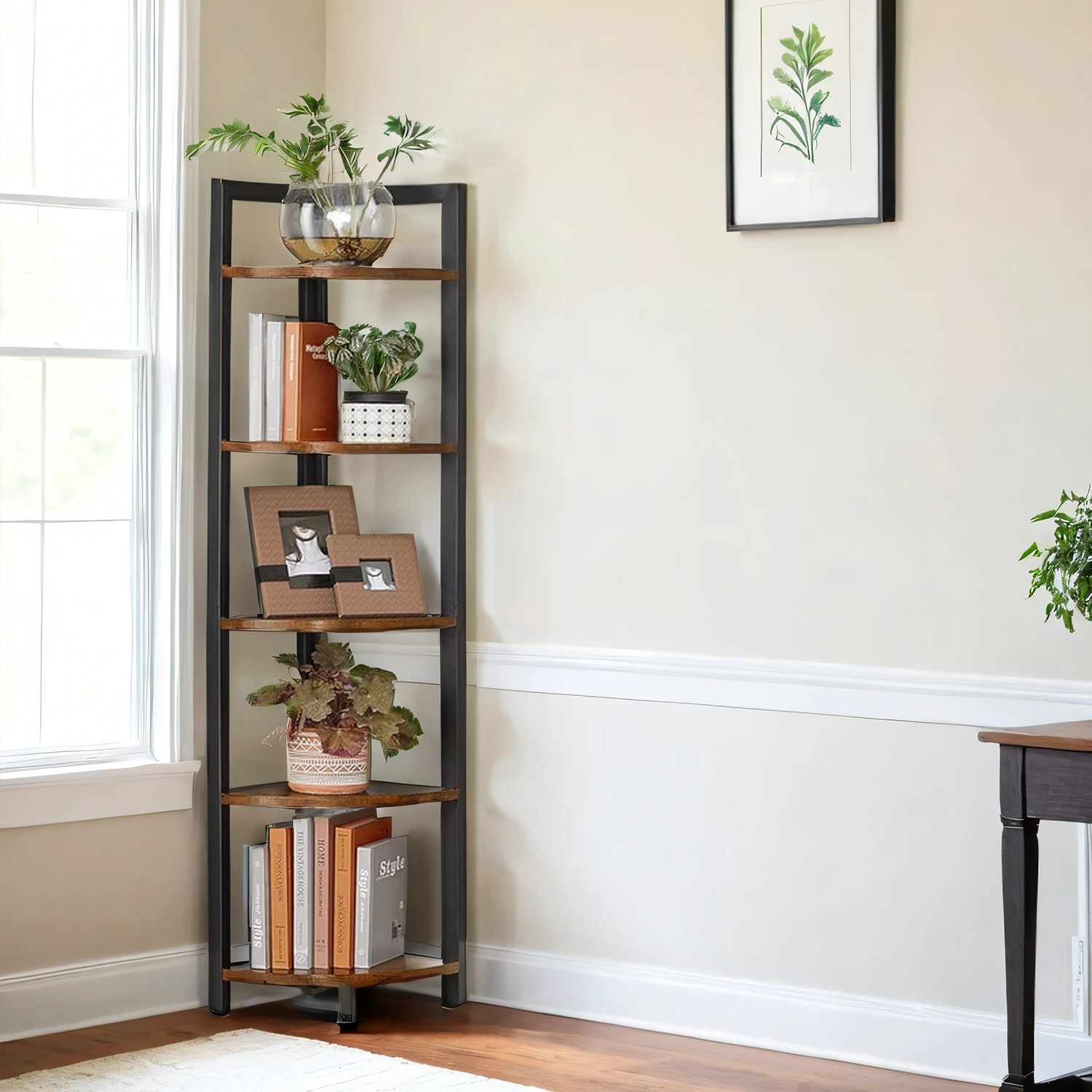 Corner Bookcase - VERRA 5 Tier Plant Rack Storage Unit - Black - Indigo Home