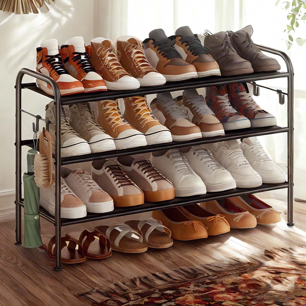 VERRA Shoe Rack - 15 Pair 3 Tier 4 Hooks Storage Medium Sized Rack - Black - Indigo Home