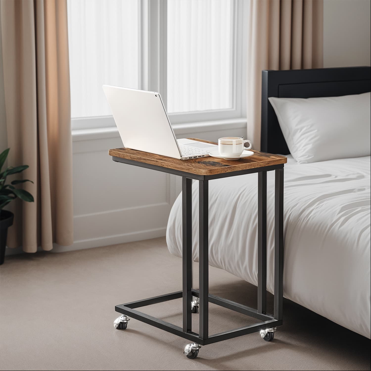 End Table - VERRA C-Shaped TV Tray with Casters Industrial Style Rustic Brown - Indigo Home