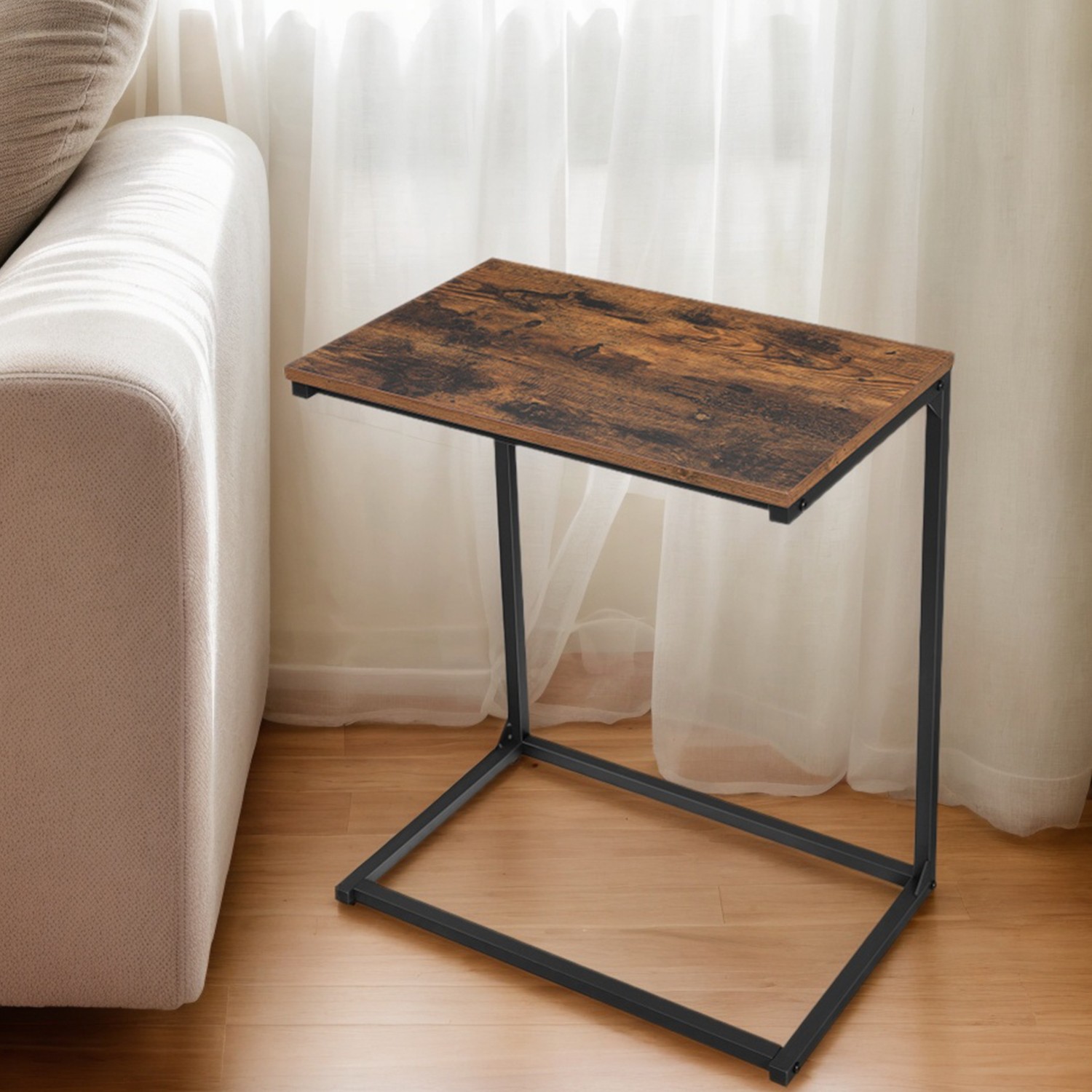 Side Table - VERRA C-Shaped Laptop End Table Steel Frame Rustic Brown - Indigo Home