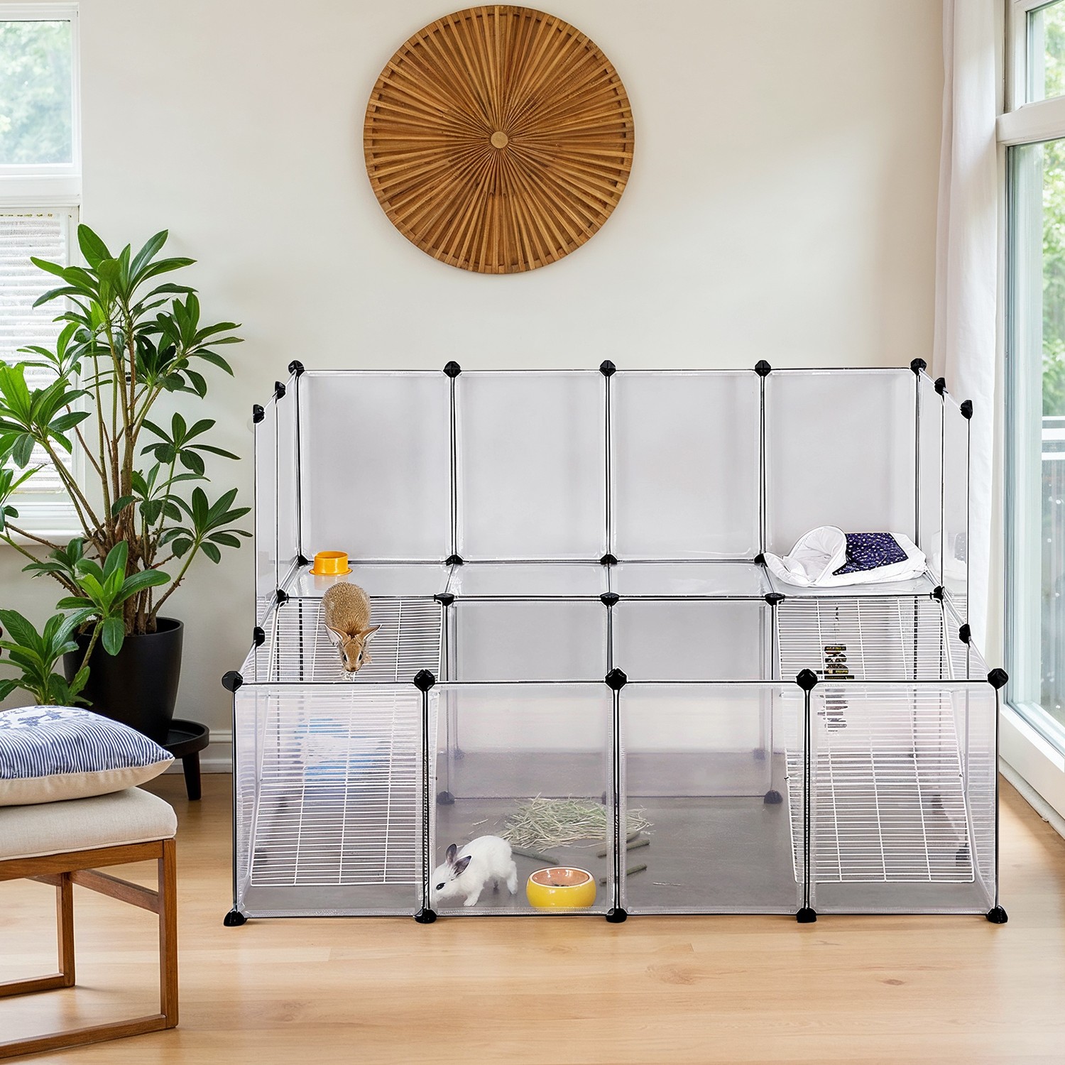 Rabbit Enclosure - VERRA Small Animal Pen with Secure Latch - White - Indigo Home