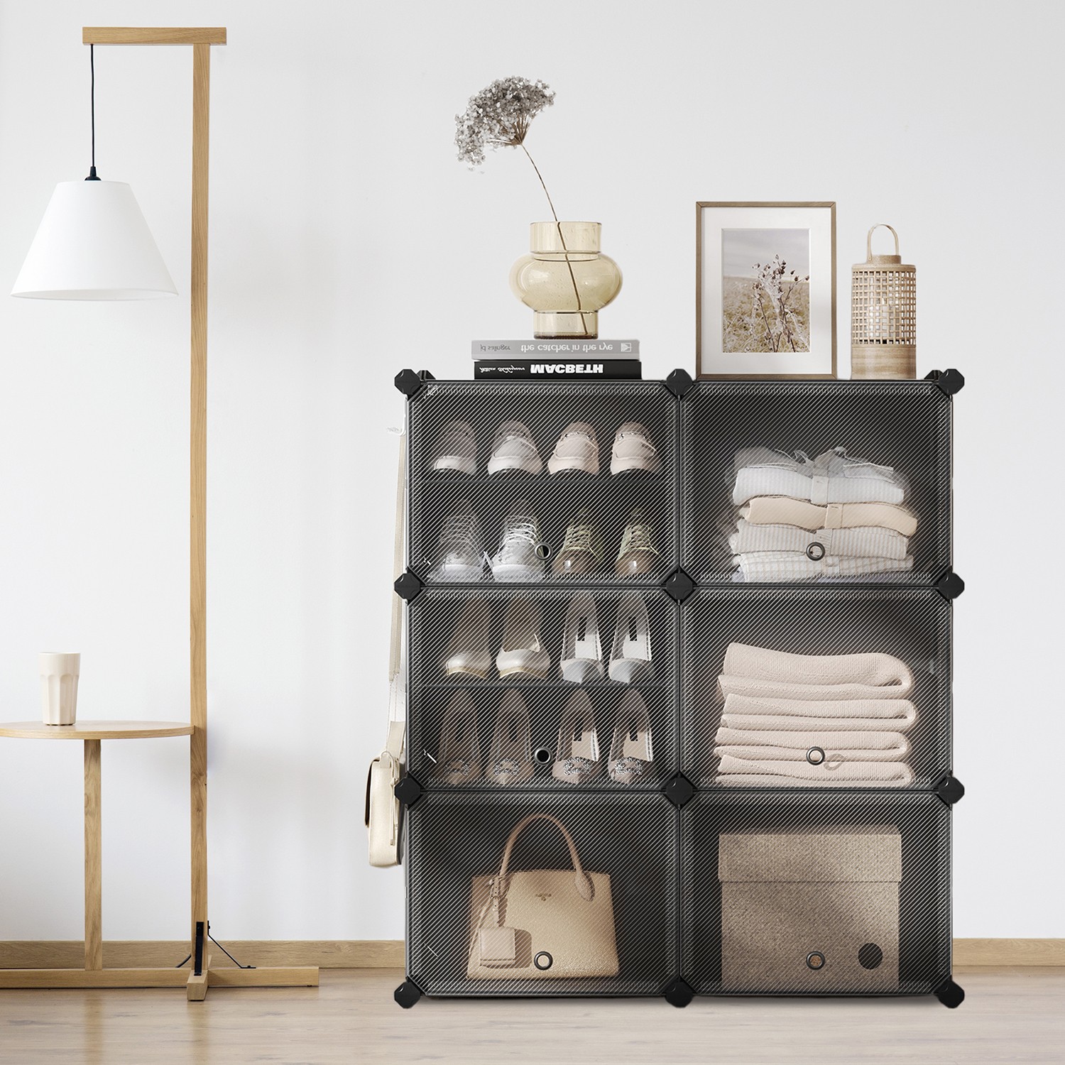 VERRA Shoe Rack - 12 Slots Interlocking Modular Storage Medium Sized Rack - Black - Indigo Home