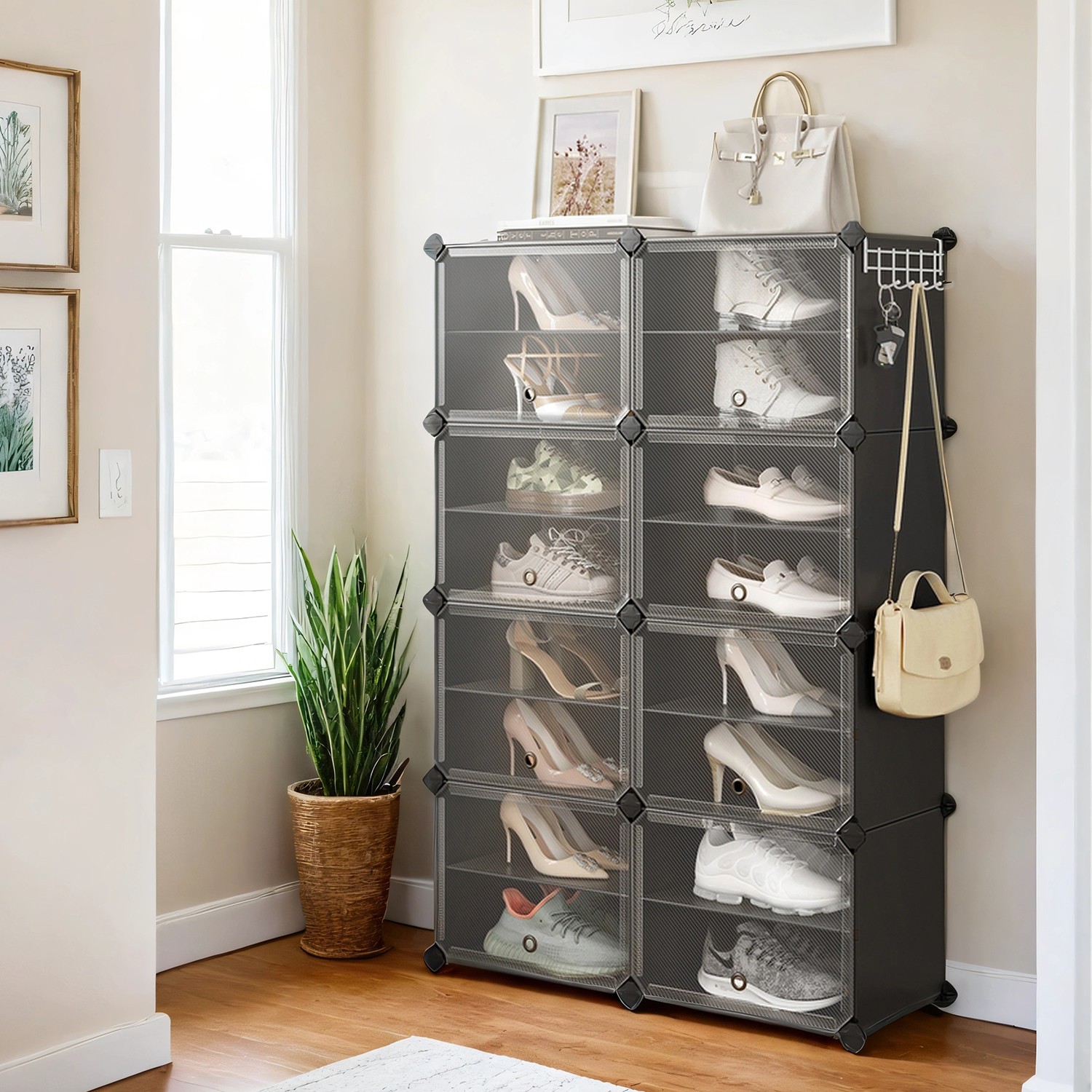 VERRA Shoe Rack - 16 Slots Interlocking Modular Storage Large Sized Rack - Black - Indigo Home