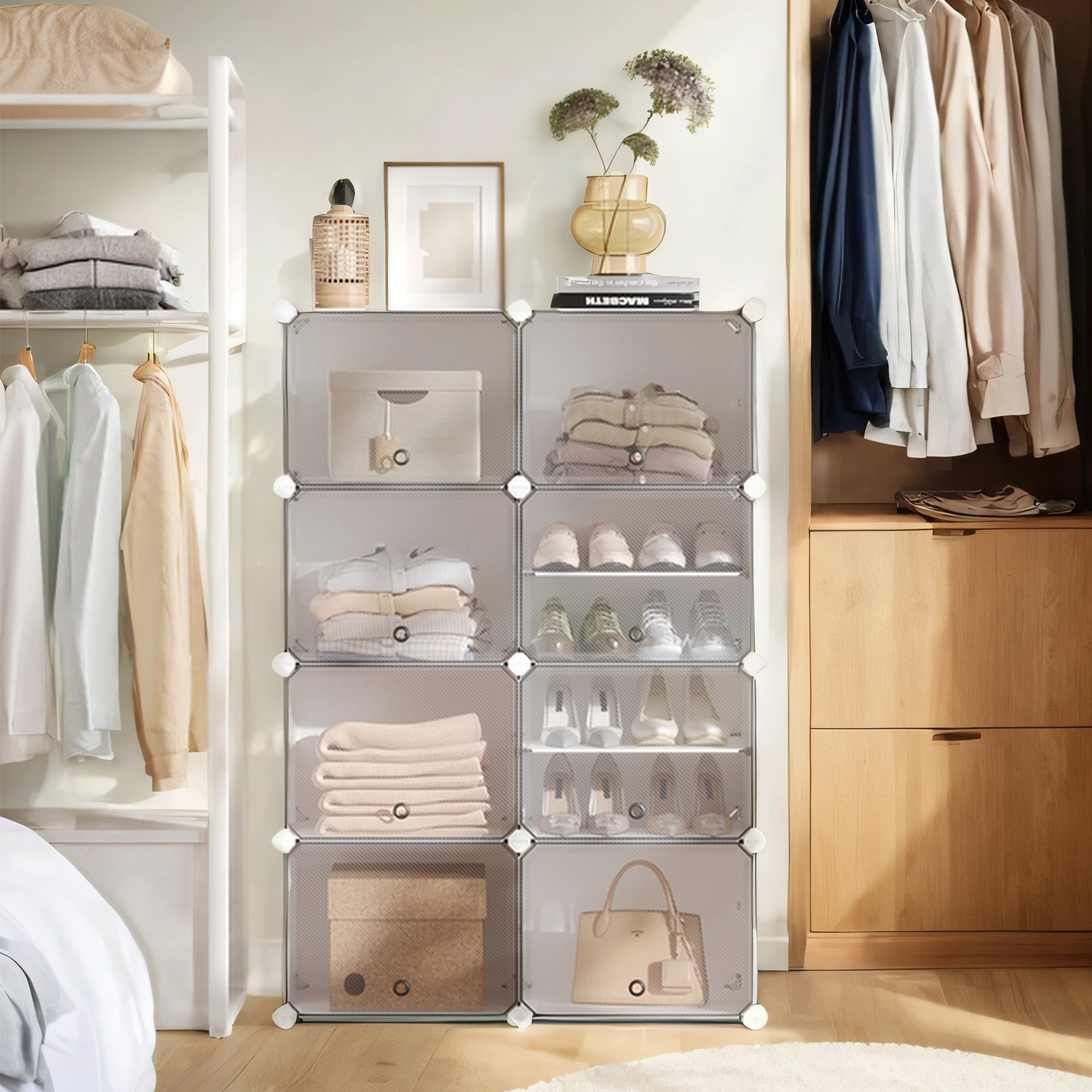 VERRA Shoe Rack - 16 Slots Interlocking Modular Storage Large Sized Rack - White - Indigo Home