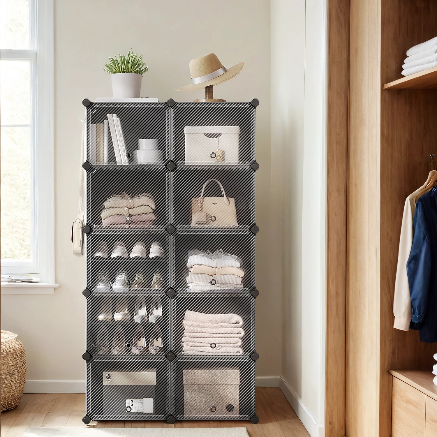 VERRA Shoe Rack - 10 Slots Interlocking Modular Storage Tall Large Sized Rack - Black - Indigo Home