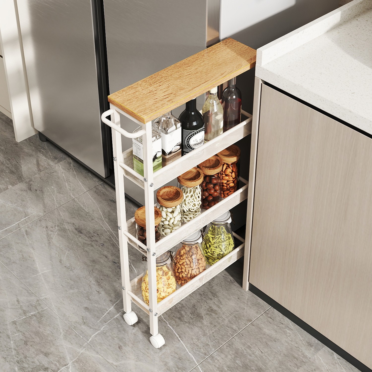 Rolling Cart - VERRA Slim 4 Tier Storage Cart with Handle - White Oak - Indigo Home