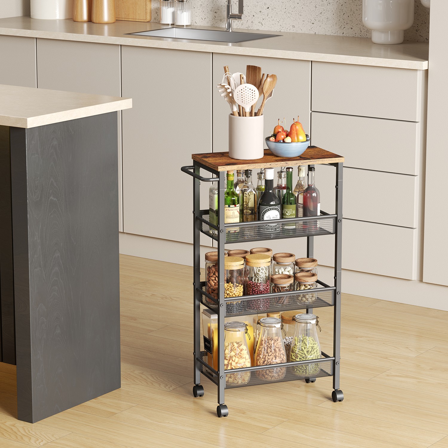 Rolling Cart - VERRA Slim Storage Cart with Handle Metal Frame - Brown - Indigo Home