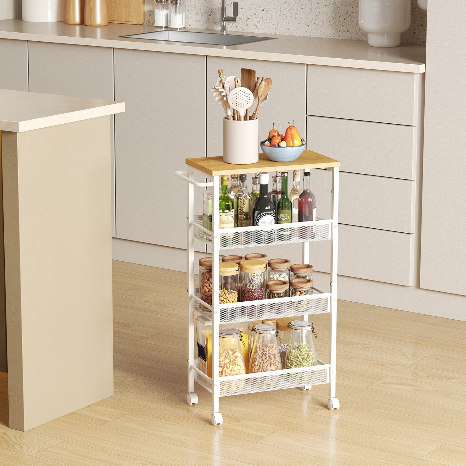 Rolling Cart - VERRA Slim Storage Cart with Handle Metal Frame - White - Indigo Home