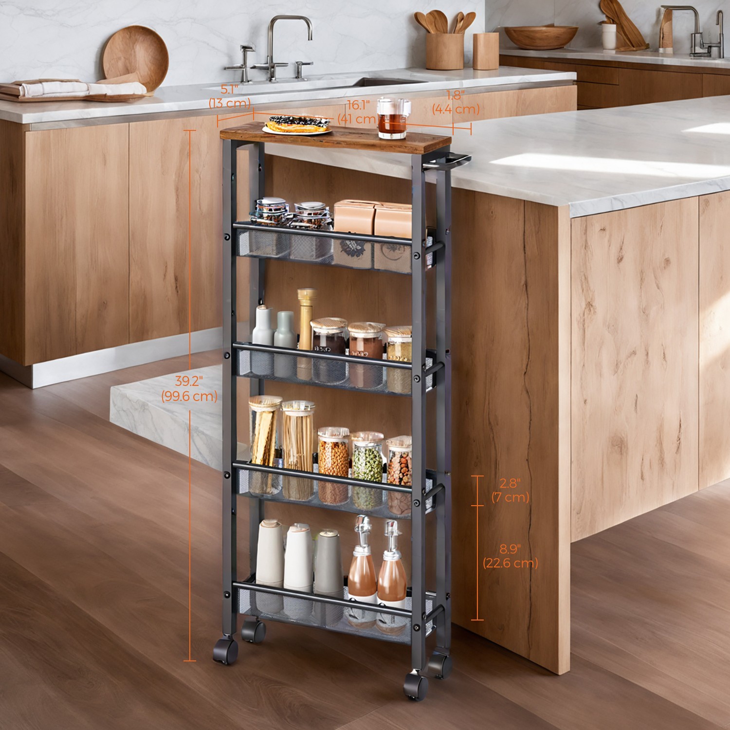 Rolling Cart - VERRA 5 Tier Slim Storage Cart with Handle Metal Frame - Black - Indigo Home