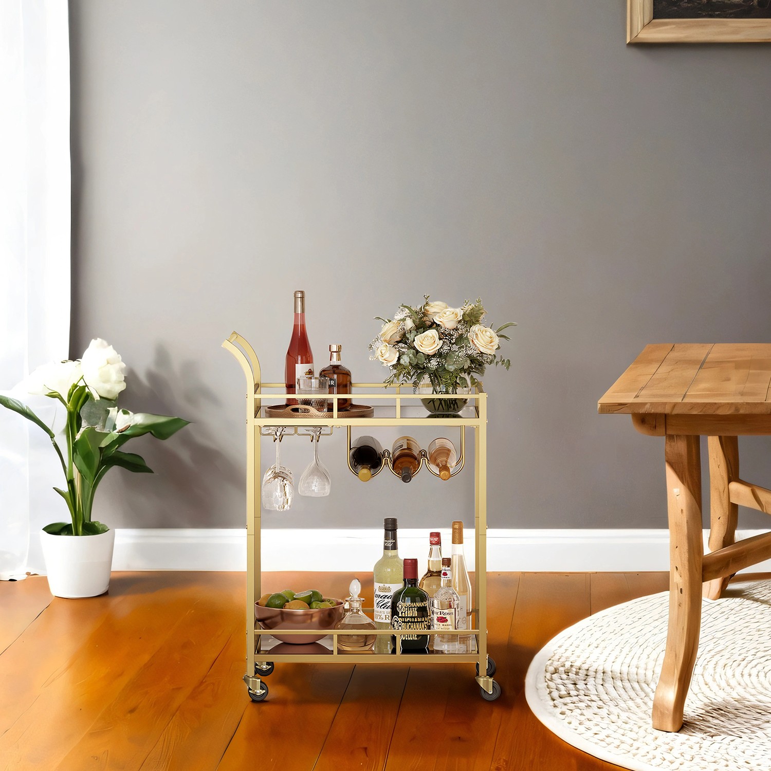 Bar Cart - VERRA Home Mirrored Serving Cart with 2 Shelves - Gold - Indigo Home