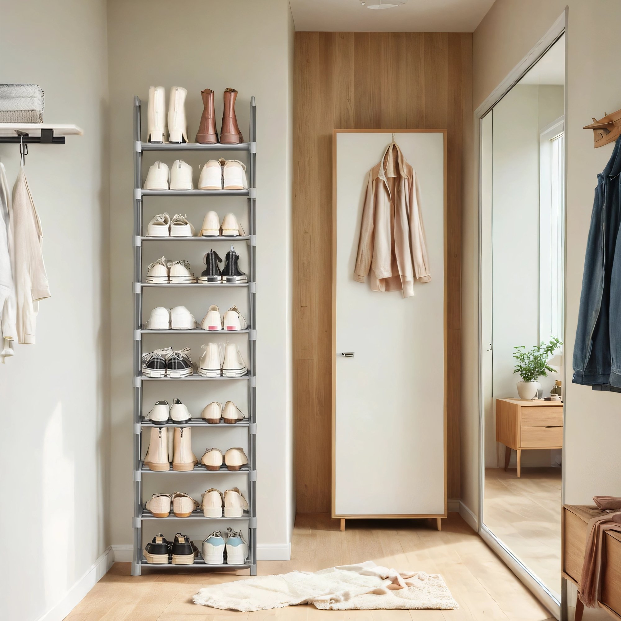VERRA Shoe Rack - 10 Tier Metal Storage Tall Large Sized Rack - Grey - Indigo Home