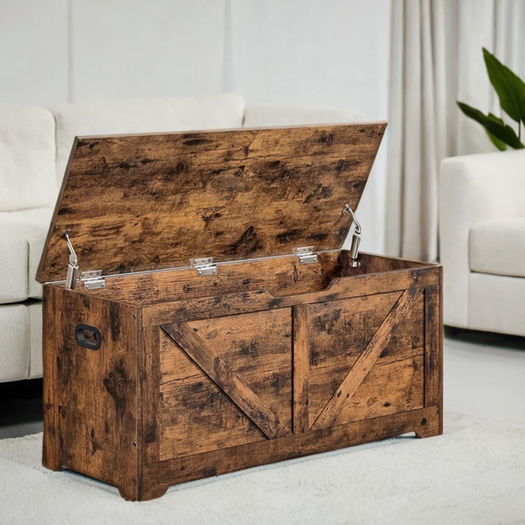 Storage Chest - VERRA Trunk Rustic Brown Bench Style with 2 Safety Hinges - Rustic Brown - Indigo Home