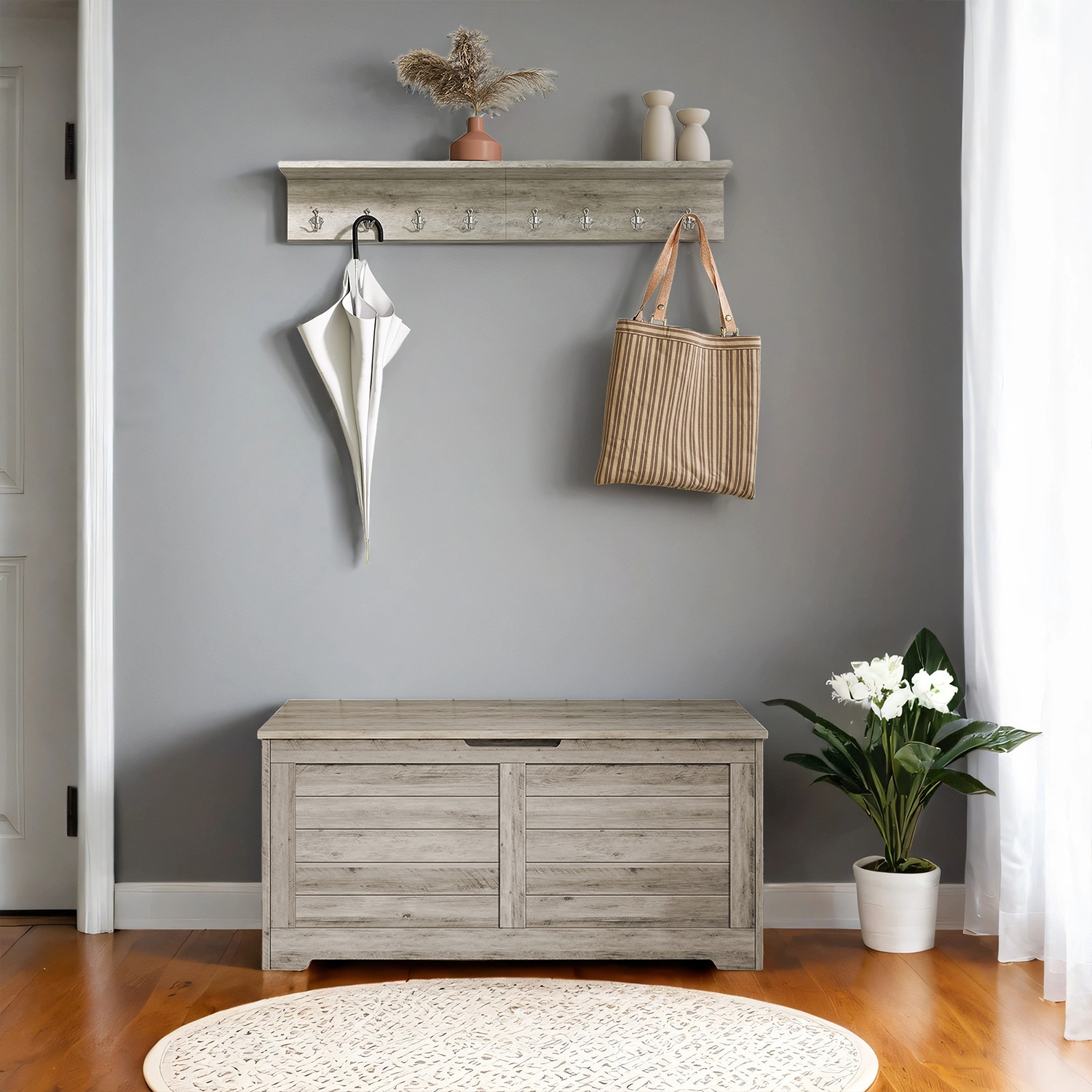 Storage Chest - VERRA Storage Bench with 2 Safety Hinges Farmhouse Style - Frosted Grey - Indigo Home