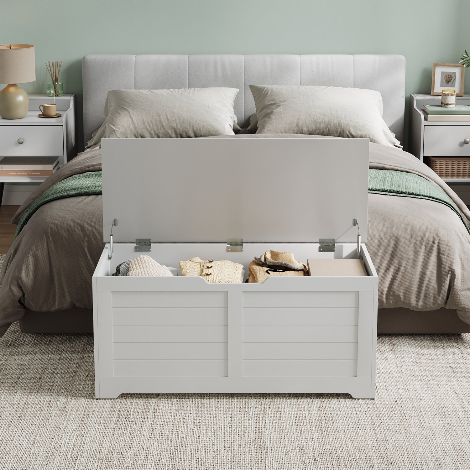 Storage Chest - VERRA Trunk Bench Style with 2 Safety Hinges 100cm - White - Indigo Home