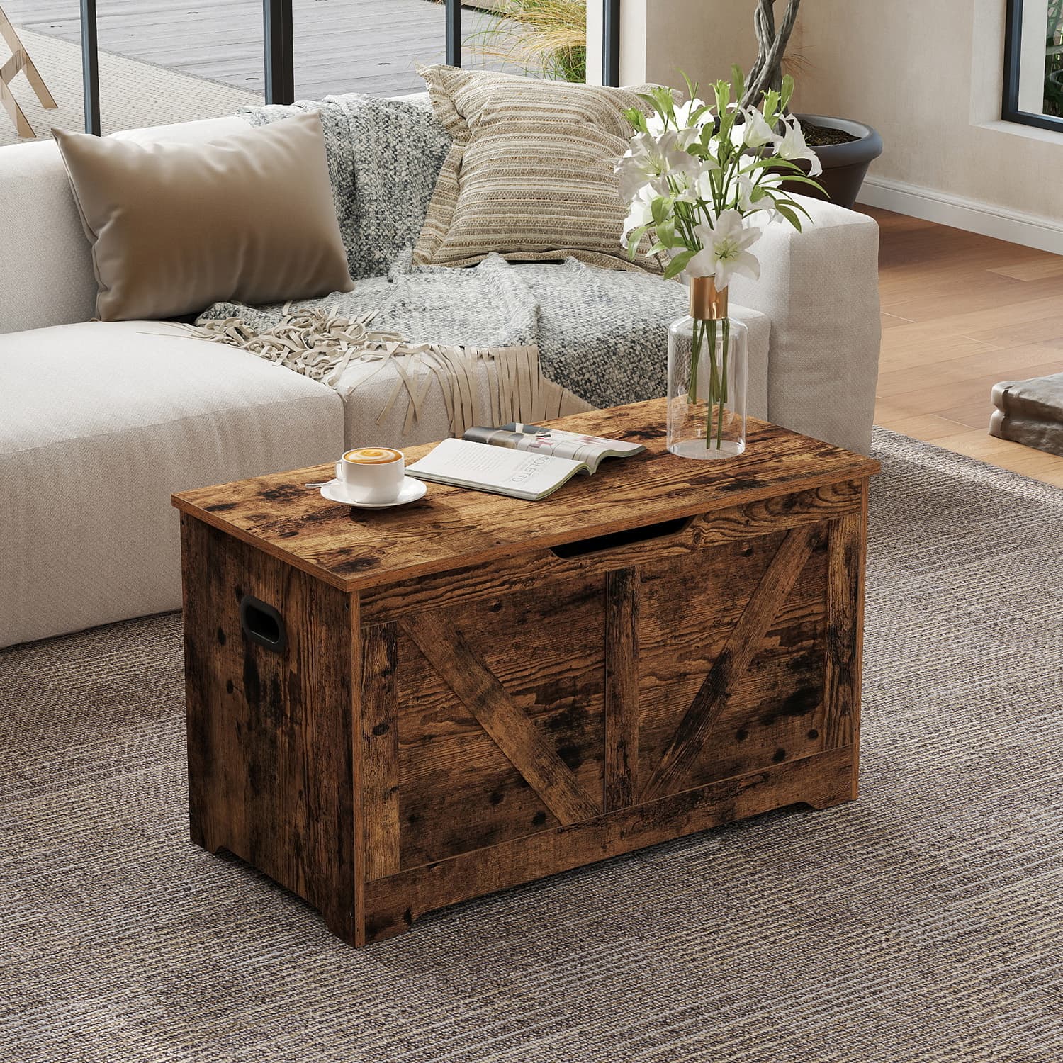 Storage Chest - VERRA Storage Trunk Bench Style with 2 Safety Hinges 80cm - Brown - Indigo Home